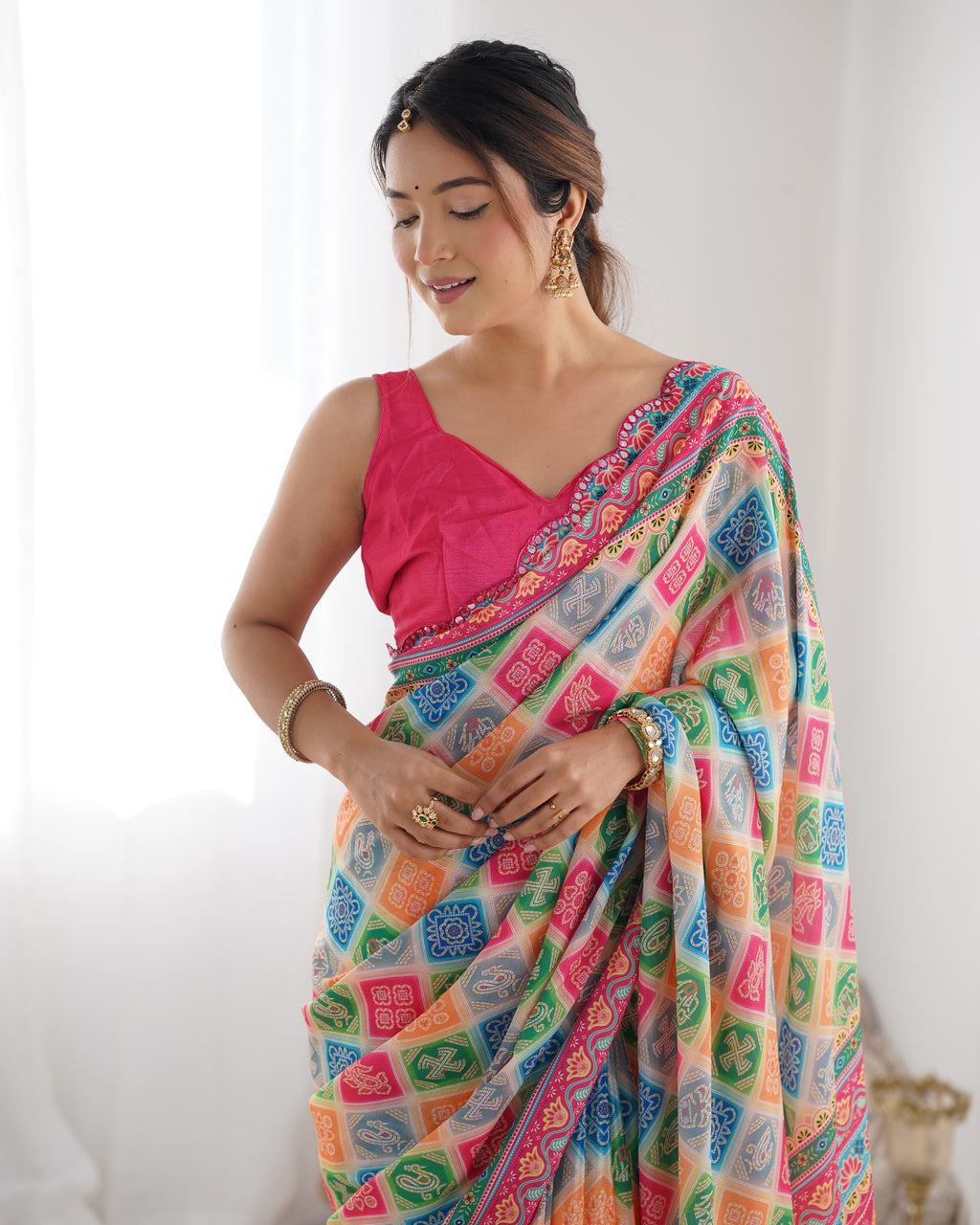 Kaleidoscope Dream Chinon Party Wear Saree | Designer Digital Print with Mirror Cut Work