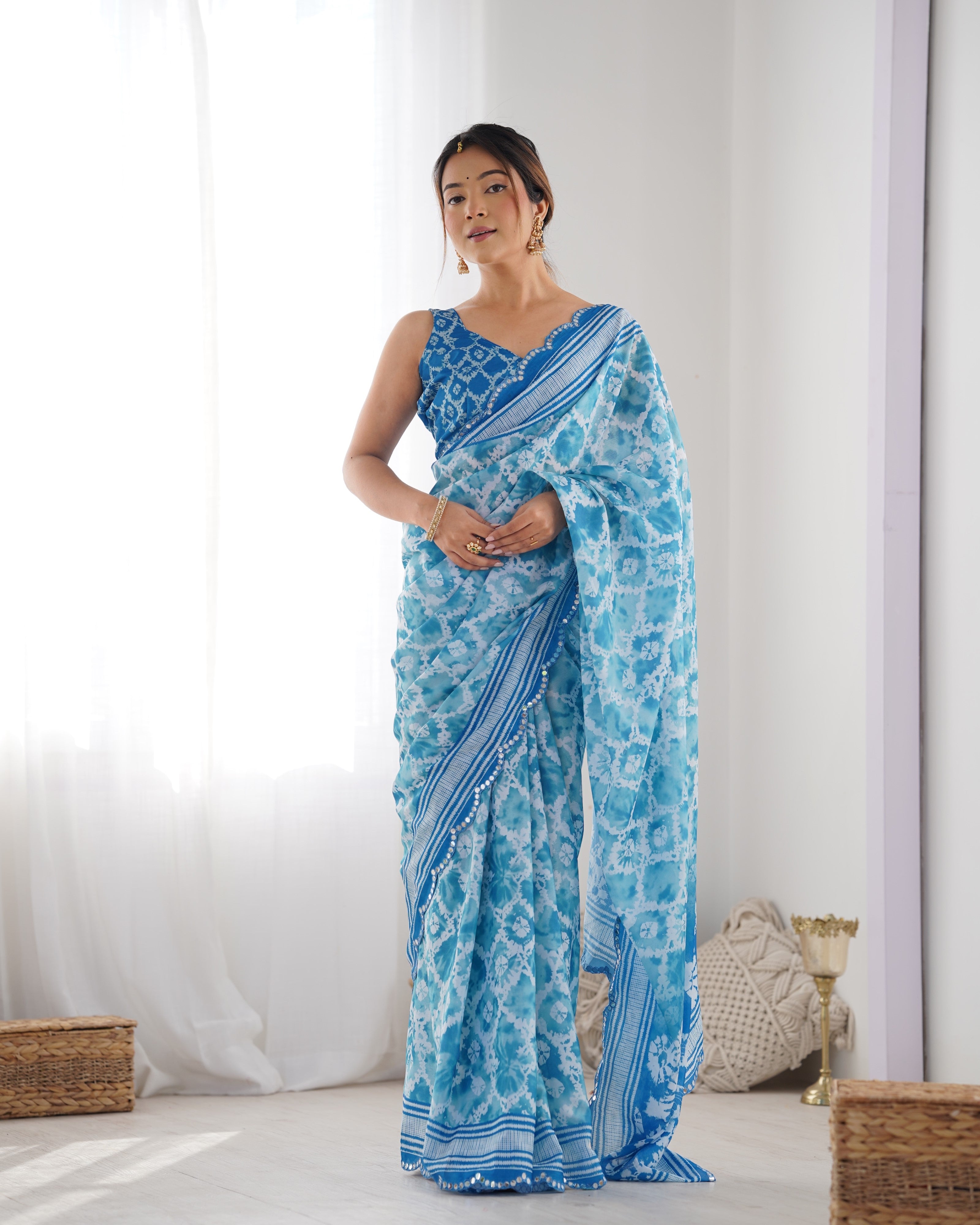 Ocean Breeze Chinon Party Wear Saree | Designer Digital Print with Mirror Cut Work
