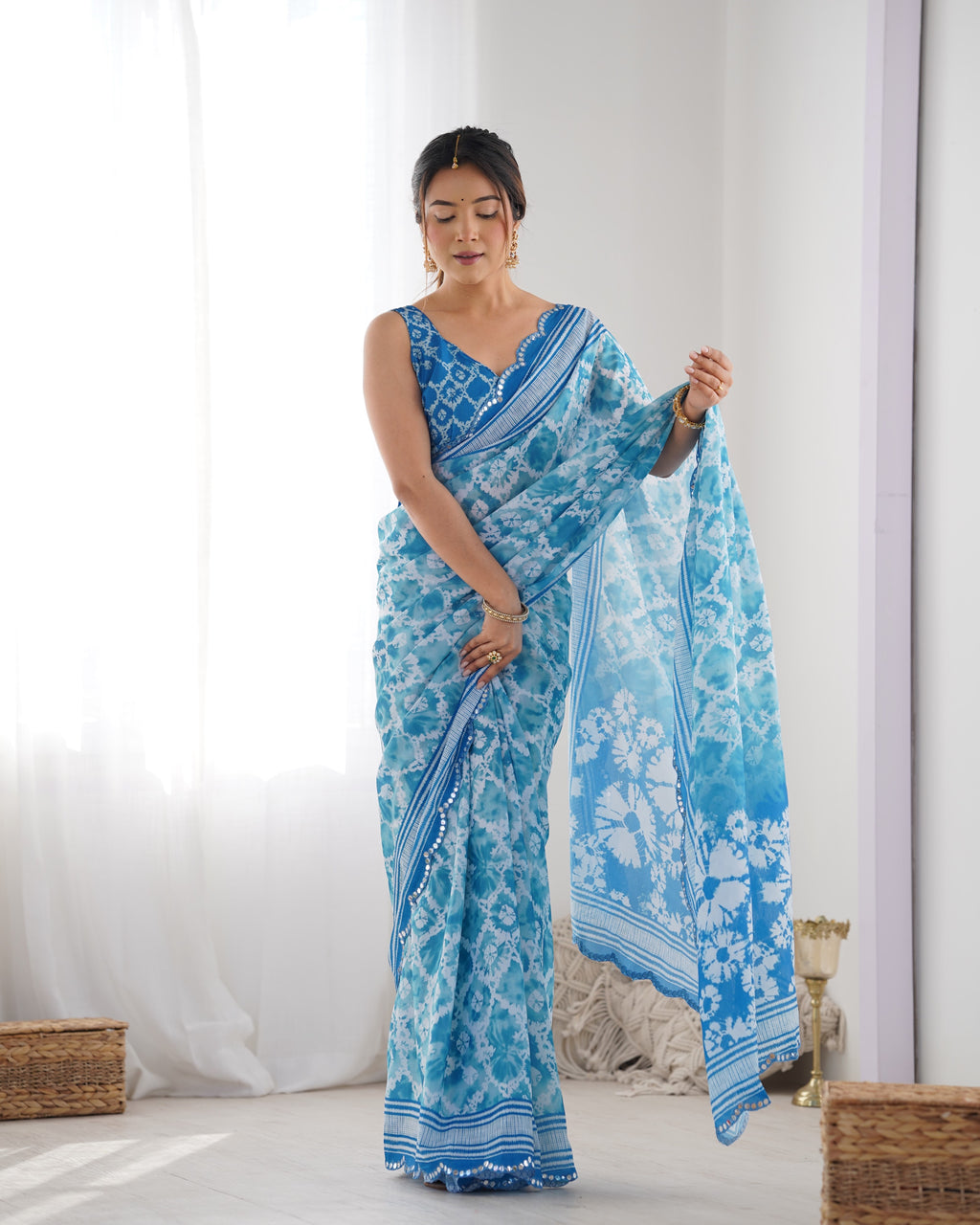 Ocean Breeze Chinon Party Wear Saree | Designer Digital Print with Mirror Cut Work