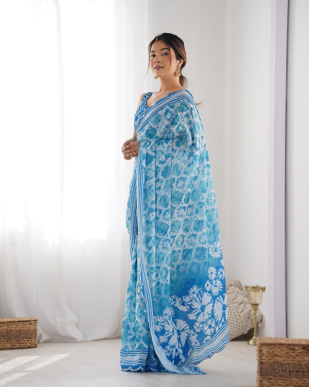 Ocean Breeze Chinon Party Wear Saree | Designer Digital Print with Mirror Cut Work