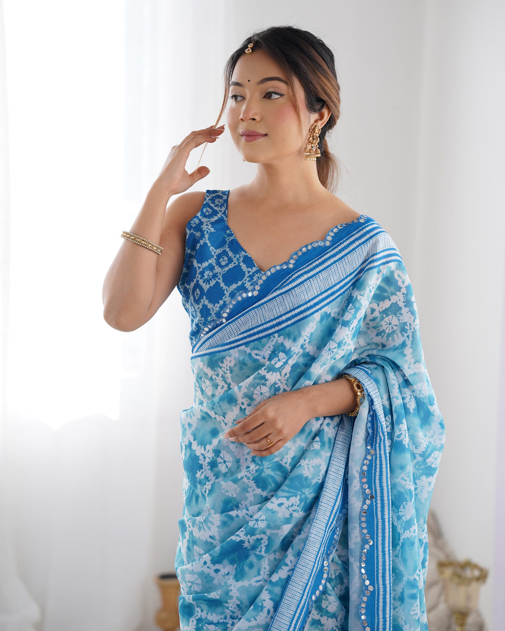 Ocean Breeze Chinon Party Wear Saree | Designer Digital Print with Mirror Cut Work