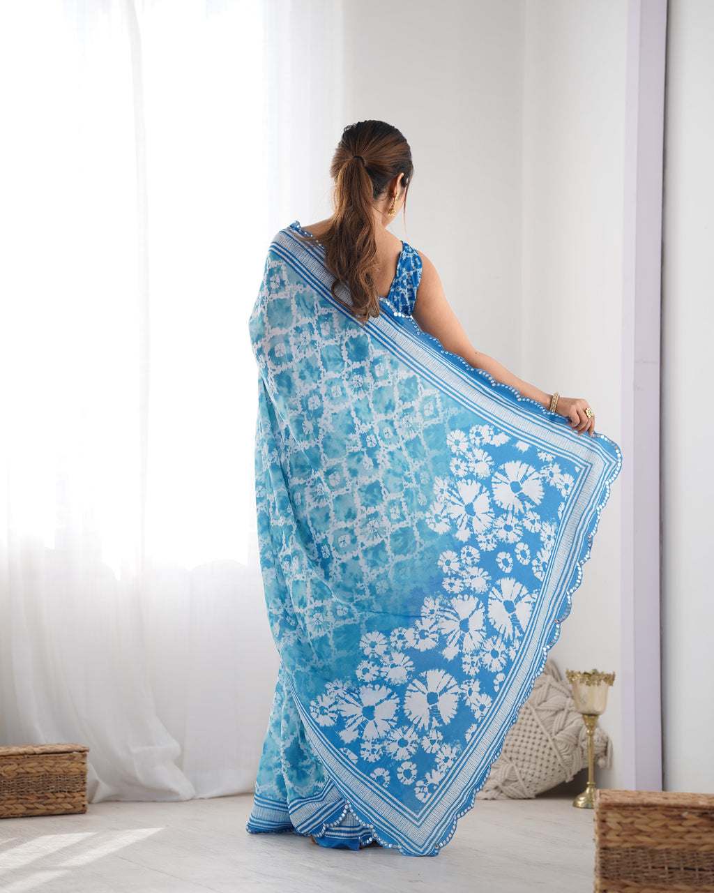 Ocean Breeze Chinon Party Wear Saree | Designer Digital Print with Mirror Cut Work