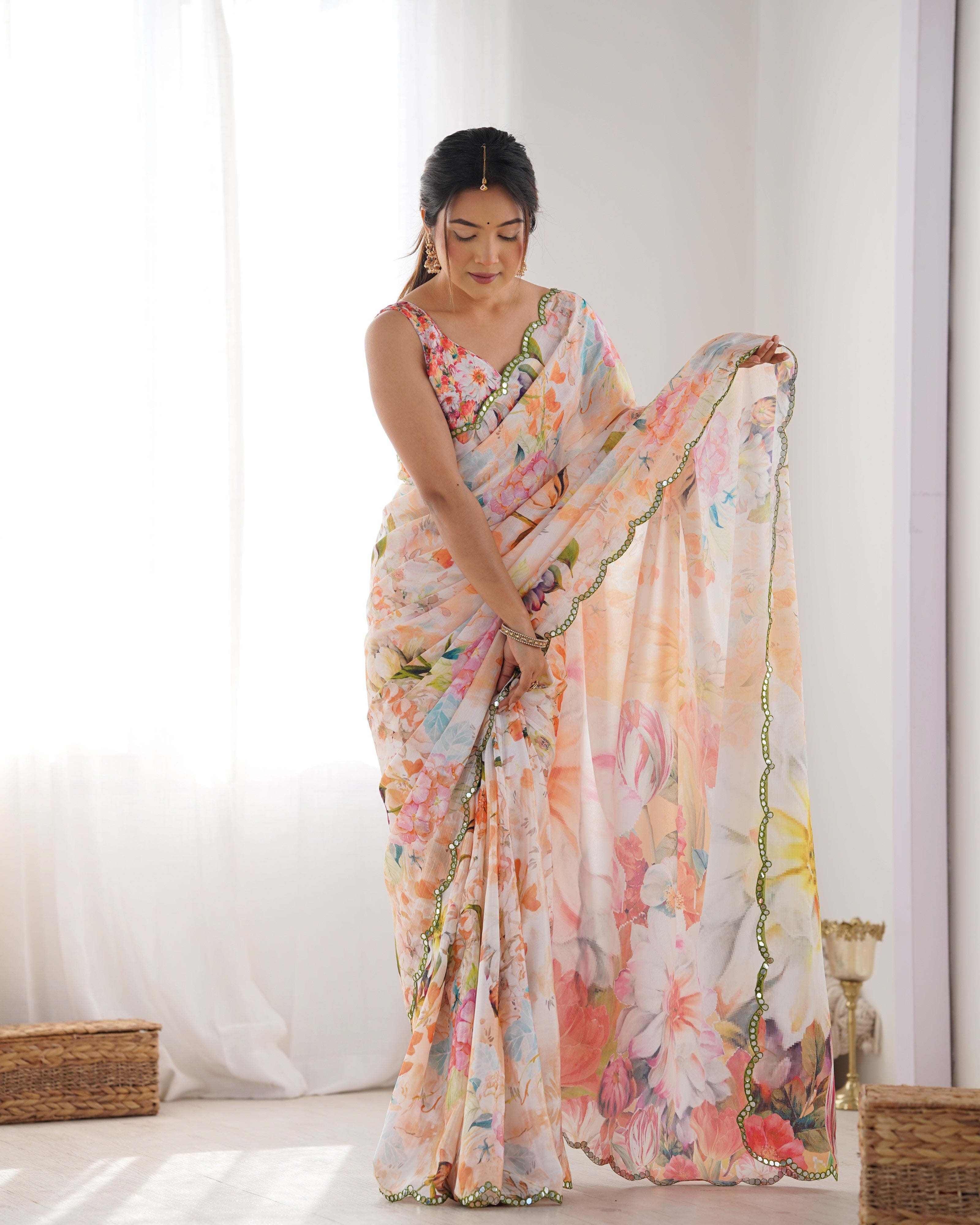 Carnival Delight Chinon Party Wear Saree | Designer Digital Print with Mirror Cut Work