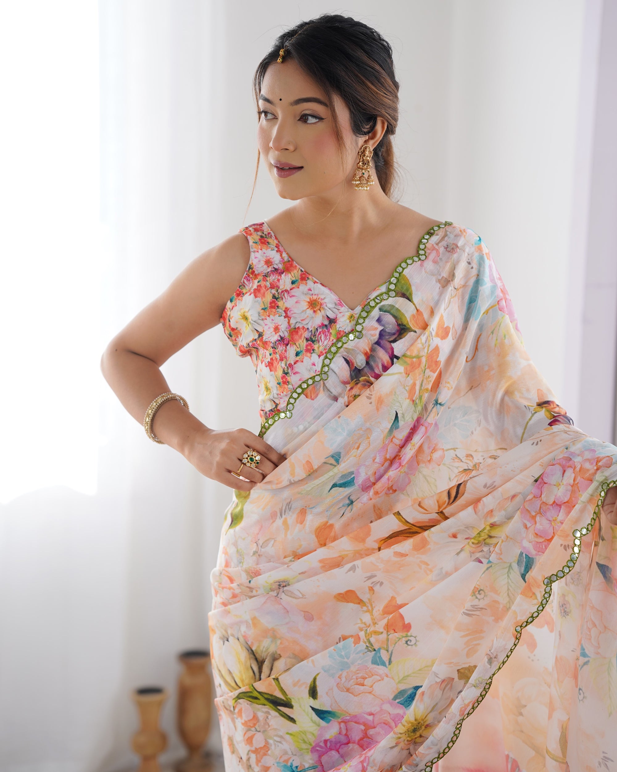 Carnival Delight Chinon Party Wear Saree | Designer Digital Print with Mirror Cut Work
