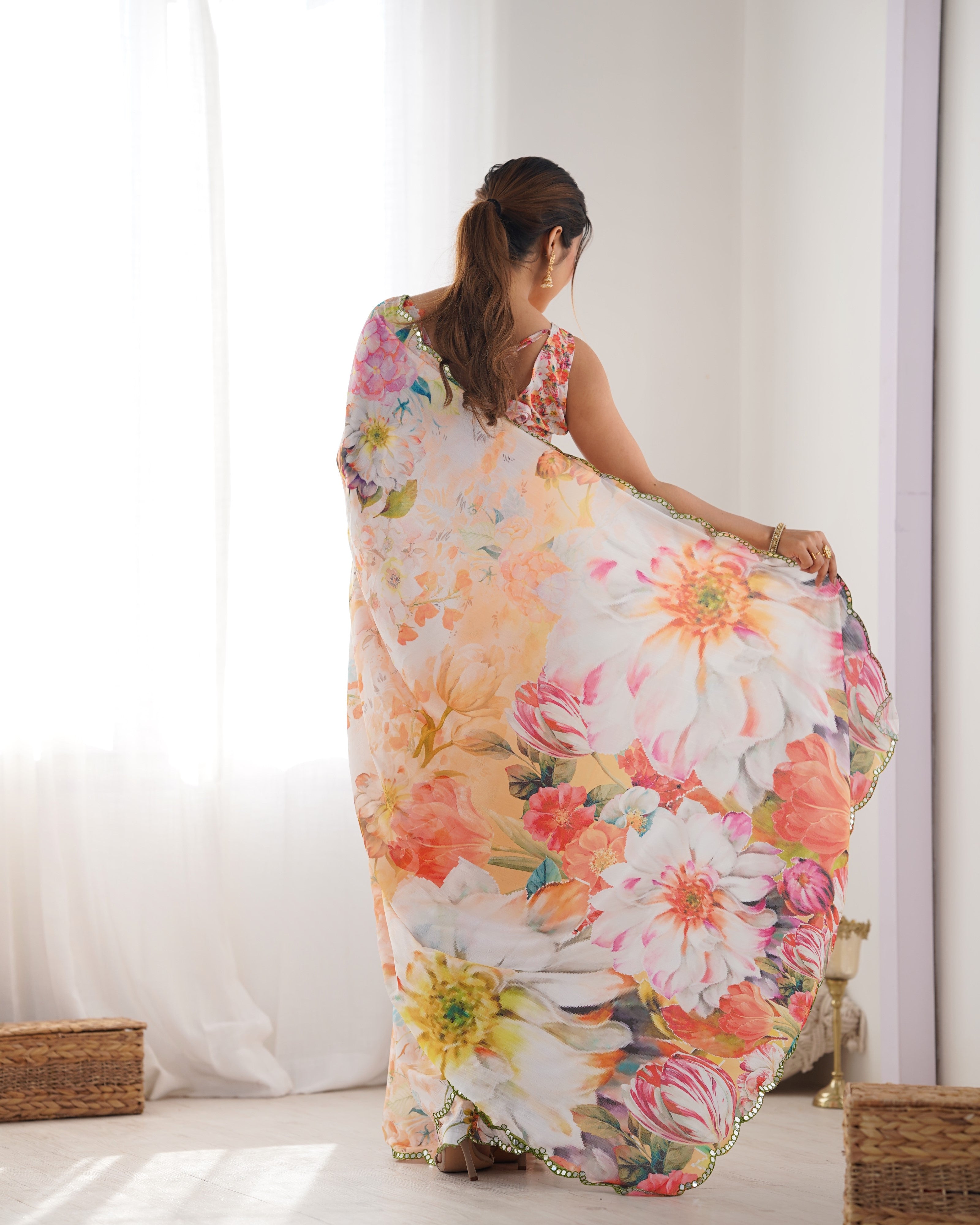 Carnival Delight Chinon Party Wear Saree | Designer Digital Print with Mirror Cut Work