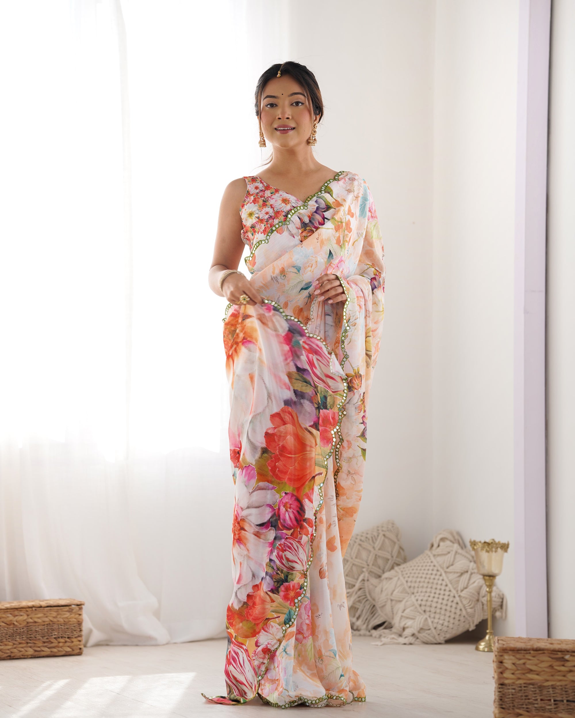 Carnival Delight Chinon Party Wear Saree | Designer Digital Print with Mirror Cut Work