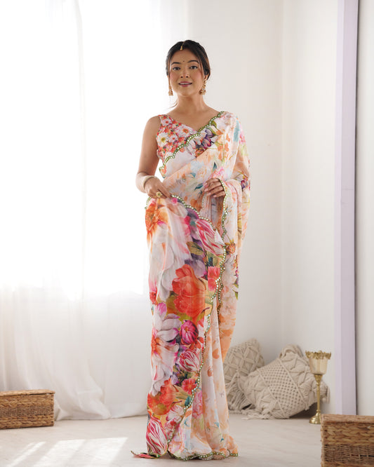 Carnival Delight Chinon Party Wear Saree | Designer Digital Print with Mirror Cut Work