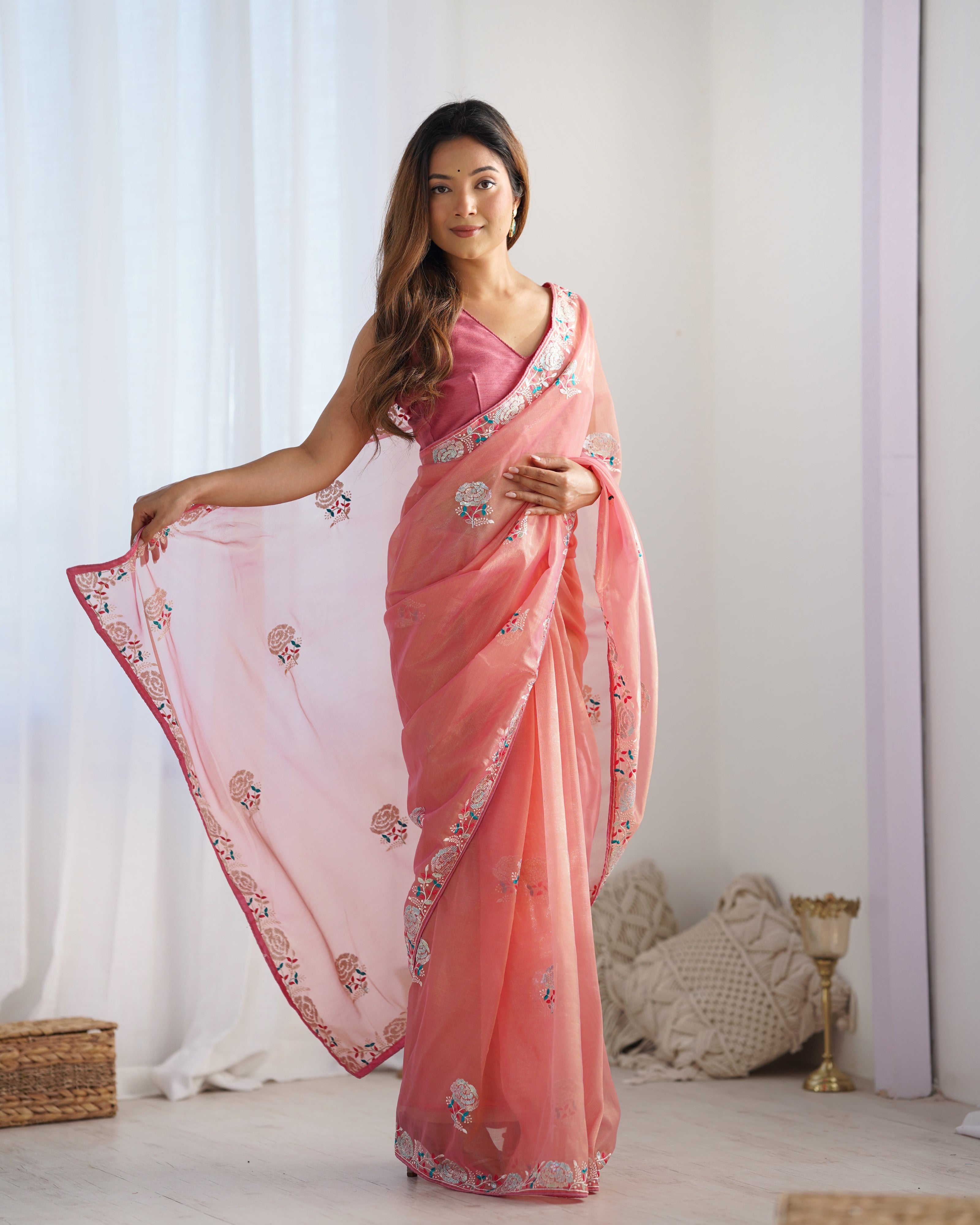 Peach Paradise Gold Twill Net Party Wear Saree | Multi Thread & Sequin Embroidered Couture