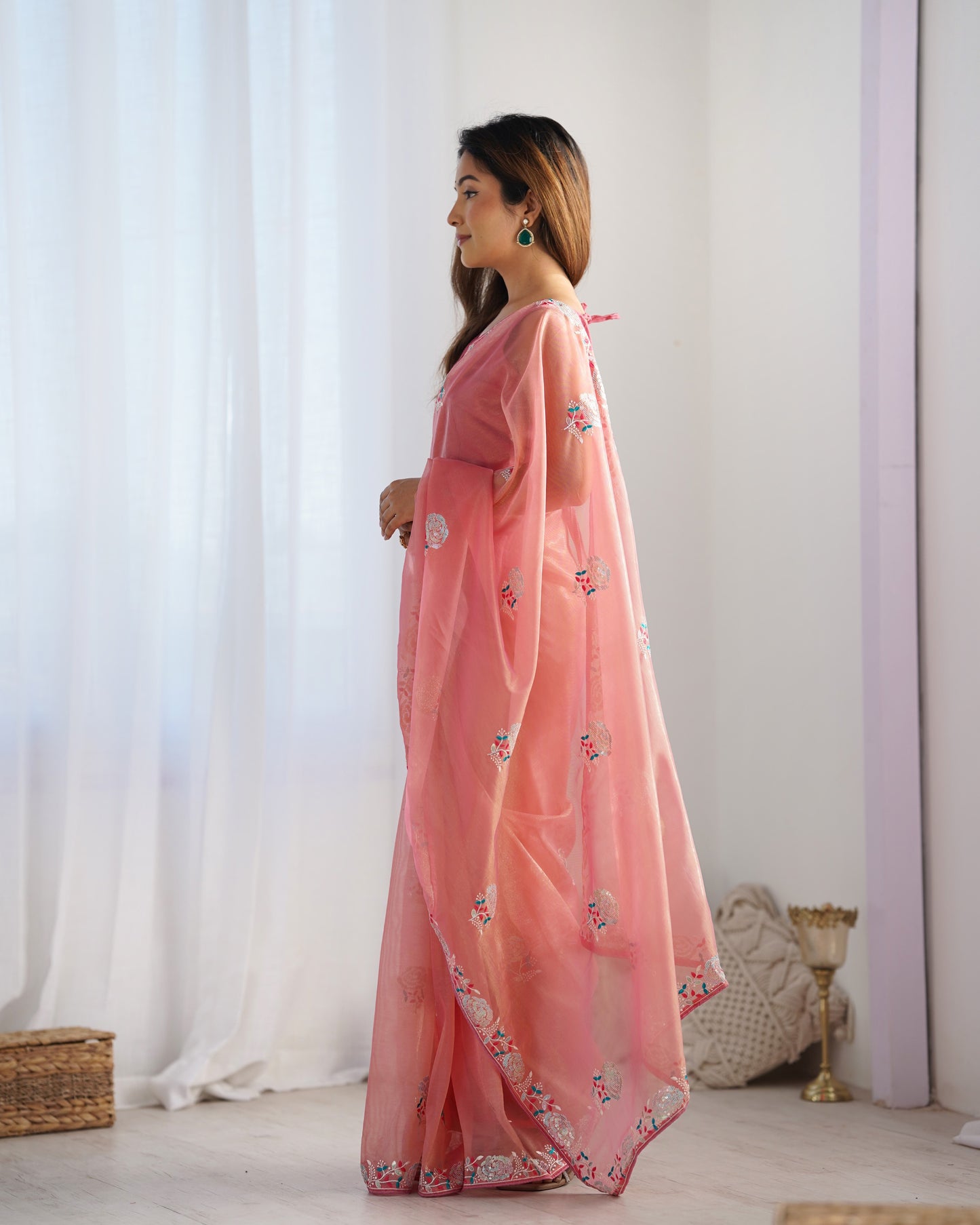 Peach Paradise Gold Twill Net Party Wear Saree | Multi Thread & Sequin Embroidered Couture