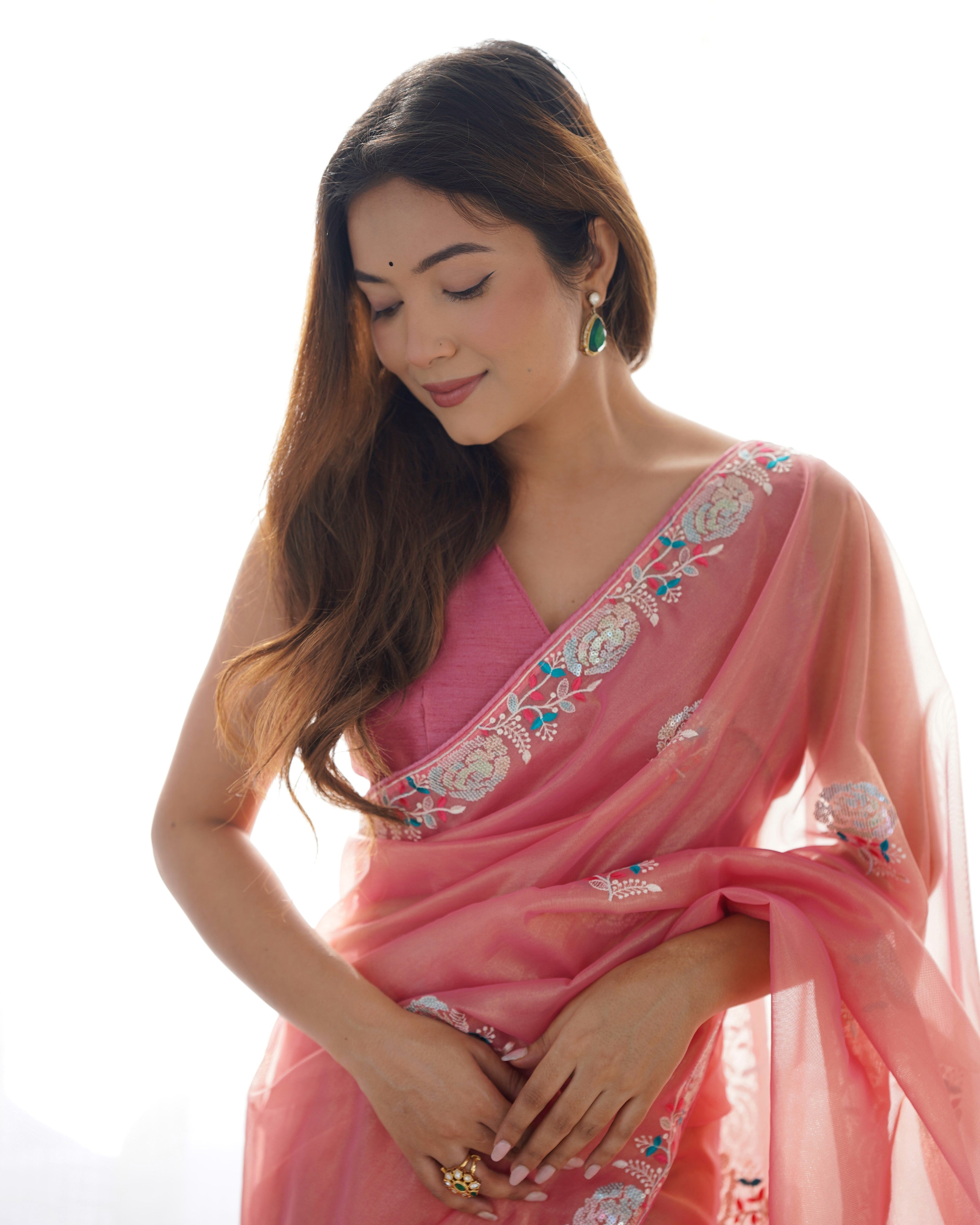 Peach Paradise Gold Twill Net Party Wear Saree | Multi Thread & Sequin Embroidered Couture