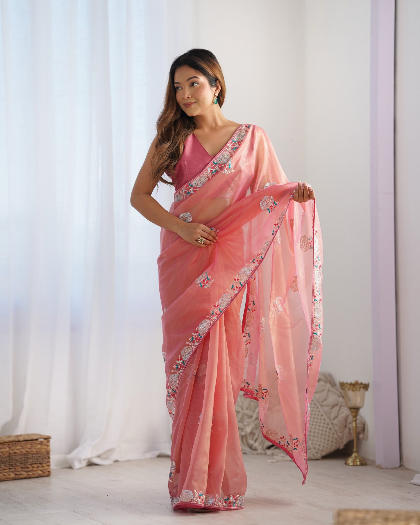 Peach Paradise Gold Twill Net Party Wear Saree | Multi Thread & Sequin Embroidered Couture