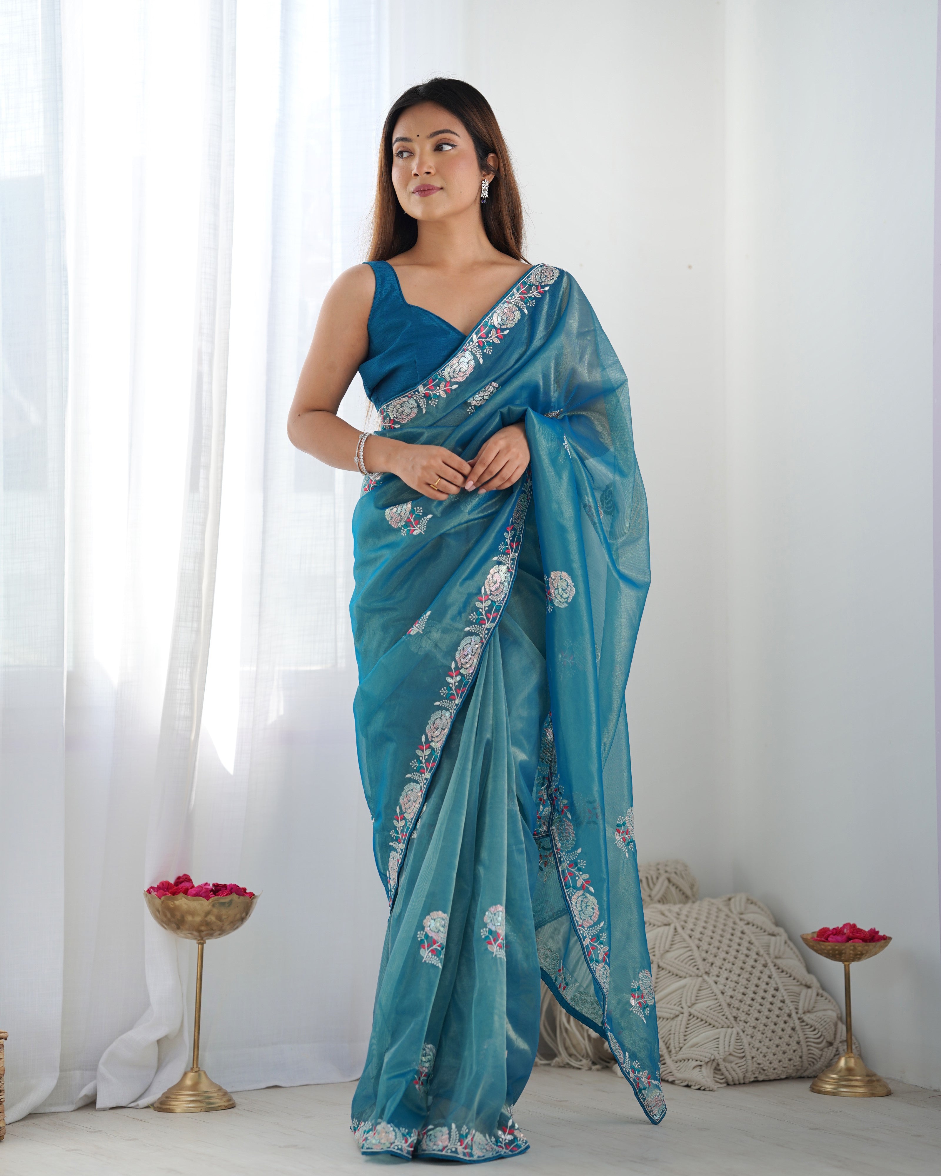 Teal Treasure Gold Twill Net Party Wear Saree | Multi Thread & Sequin Embroidered Couture
