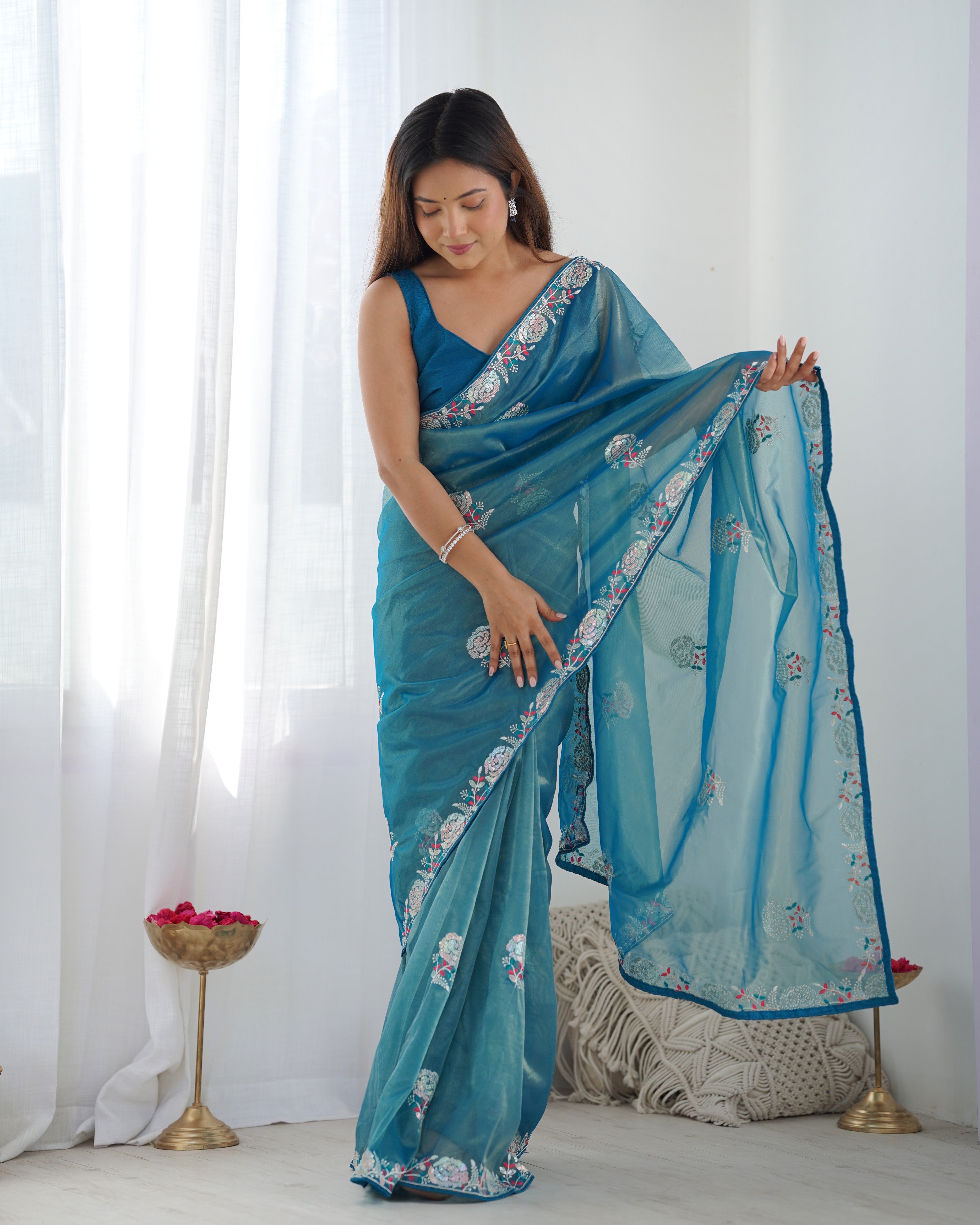 Teal Treasure Gold Twill Net Party Wear Saree | Multi Thread & Sequin Embroidered Couture