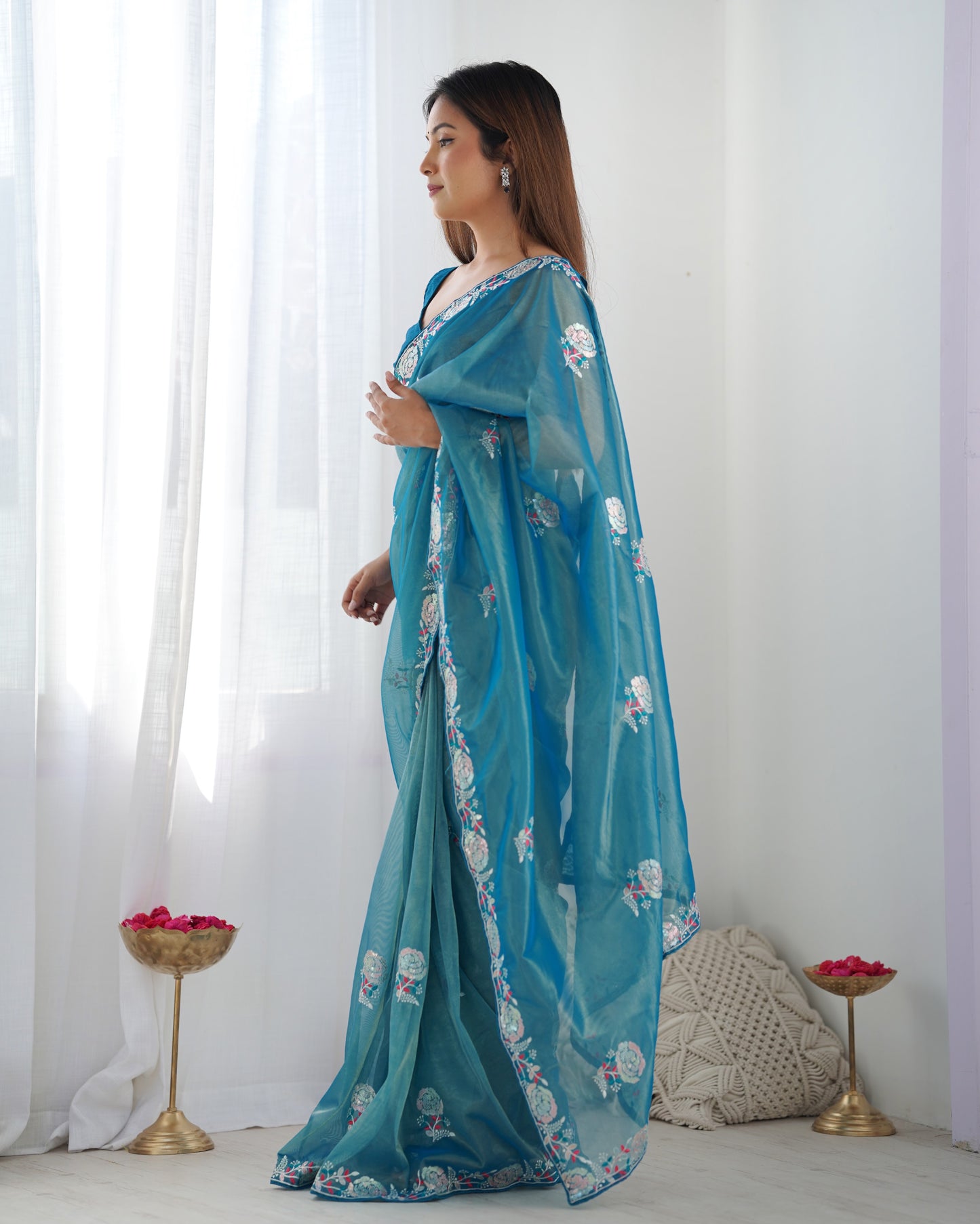 Teal Treasure Gold Twill Net Party Wear Saree | Multi Thread & Sequin Embroidered Couture