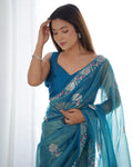Teal Treasure Gold Twill Net Party Wear Saree | Multi Thread & Sequin Embroidered Couture