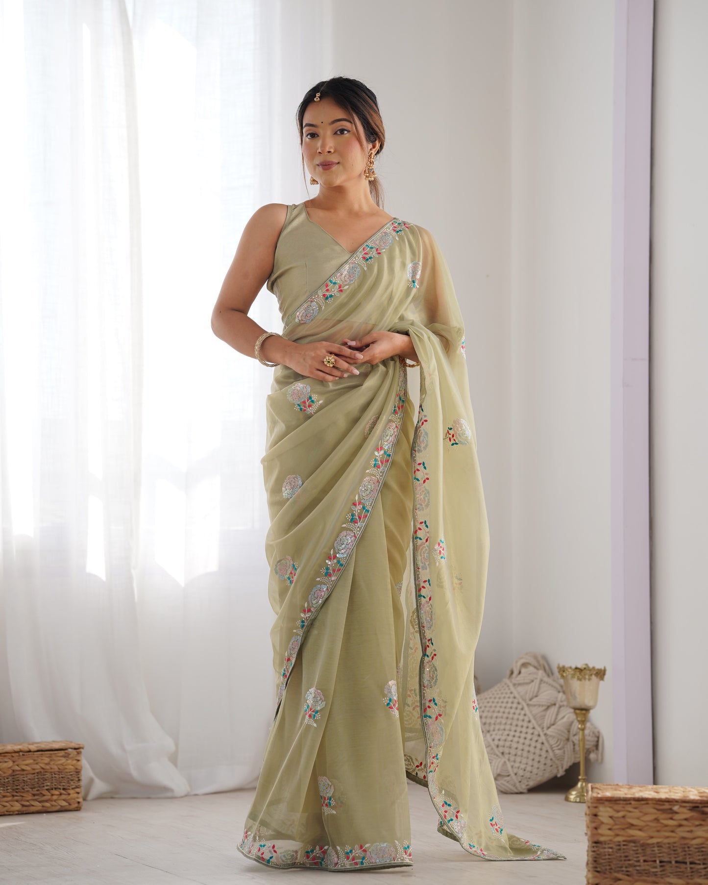 Pista Perfection Gold Twill Net Party Wear Saree | Multi Thread & Sequin Embroidered Couture