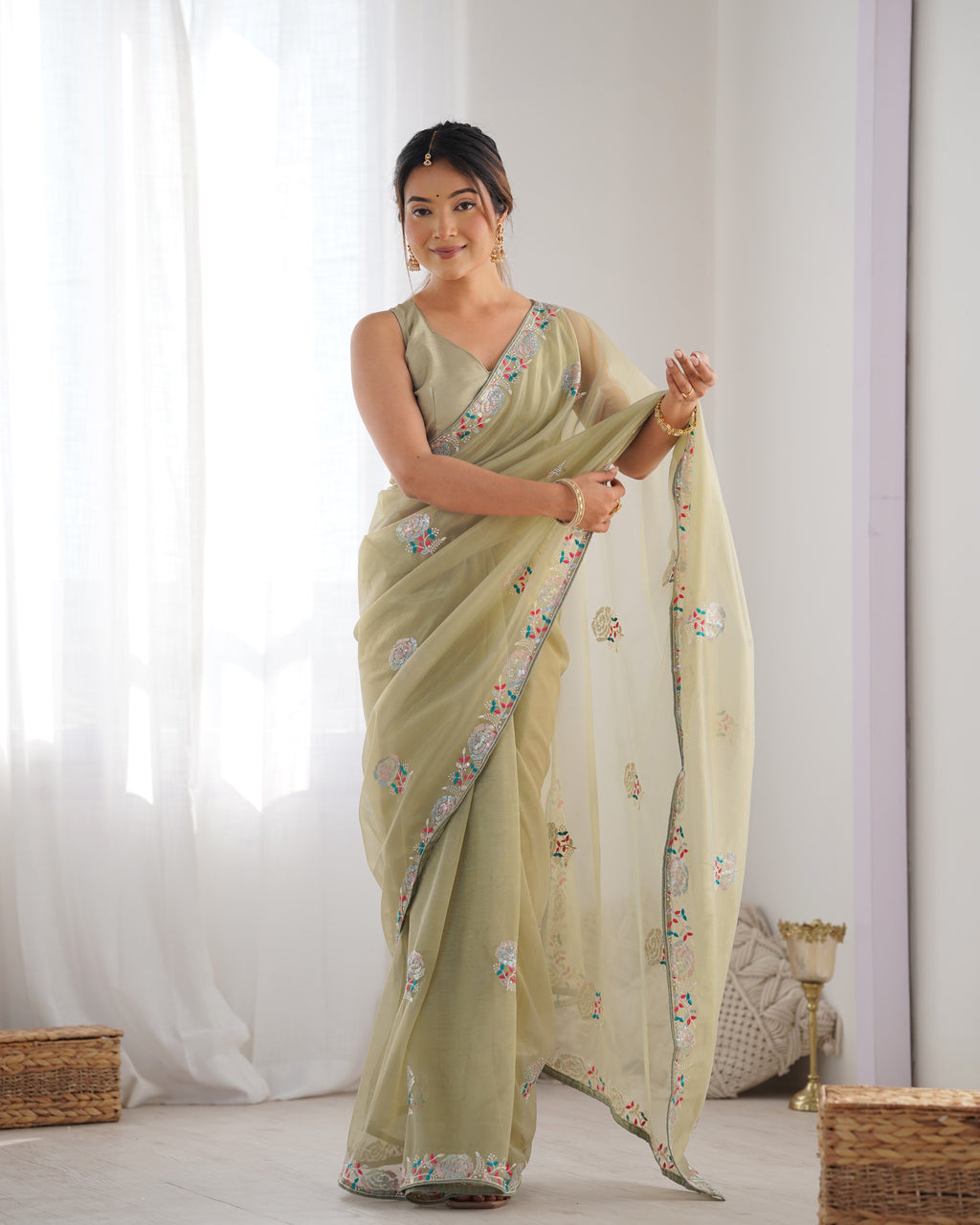 Pista Perfection Gold Twill Net Party Wear Saree | Multi Thread & Sequin Embroidered Couture