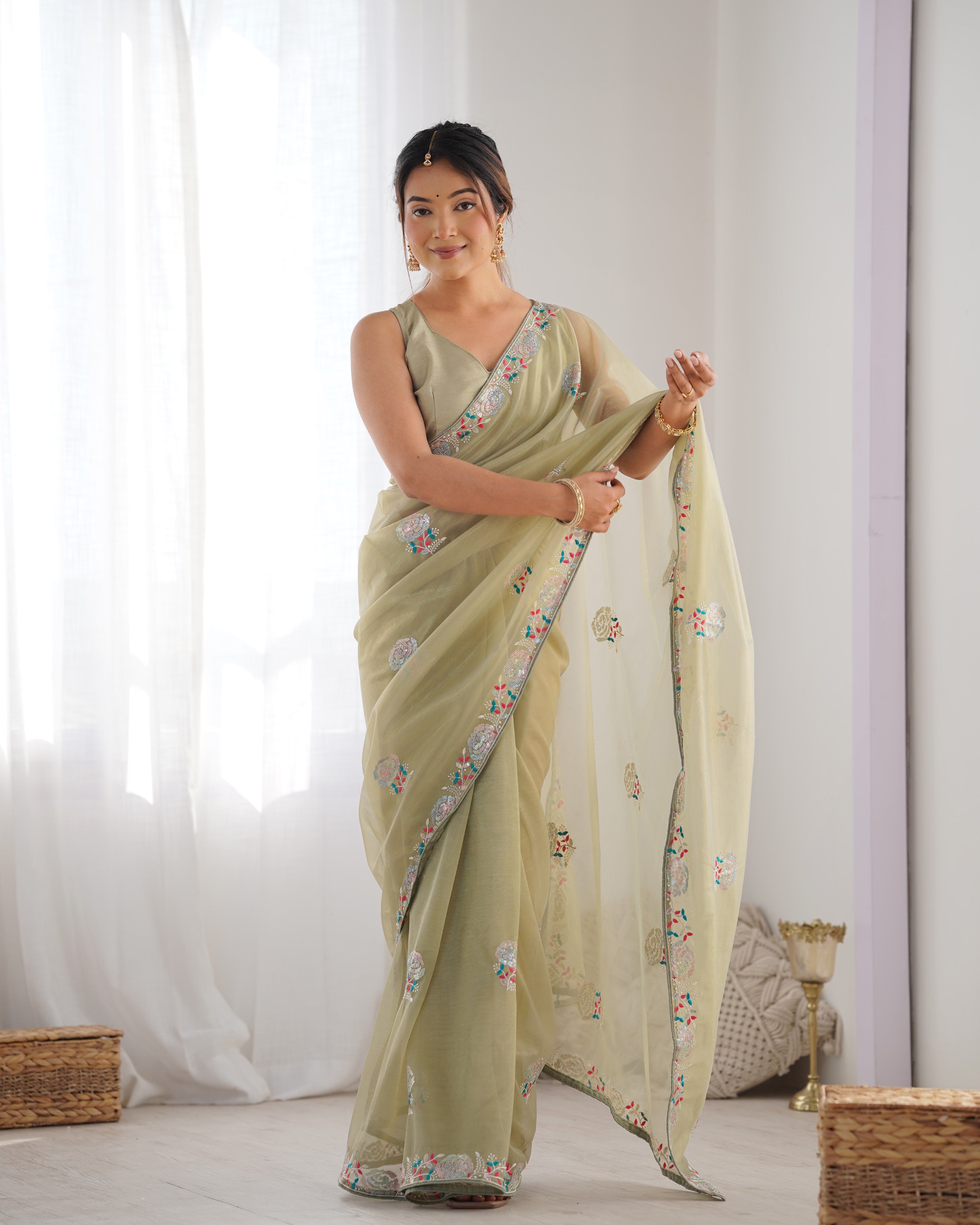 Pista Perfection Gold Twill Net Party Wear Saree | Multi Thread & Sequin Embroidered Couture