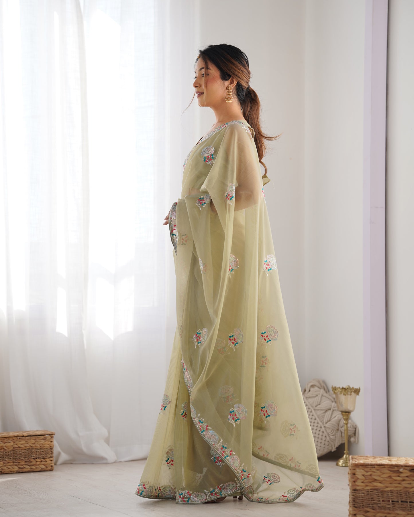 Pista Perfection Gold Twill Net Party Wear Saree | Multi Thread & Sequin Embroidered Couture