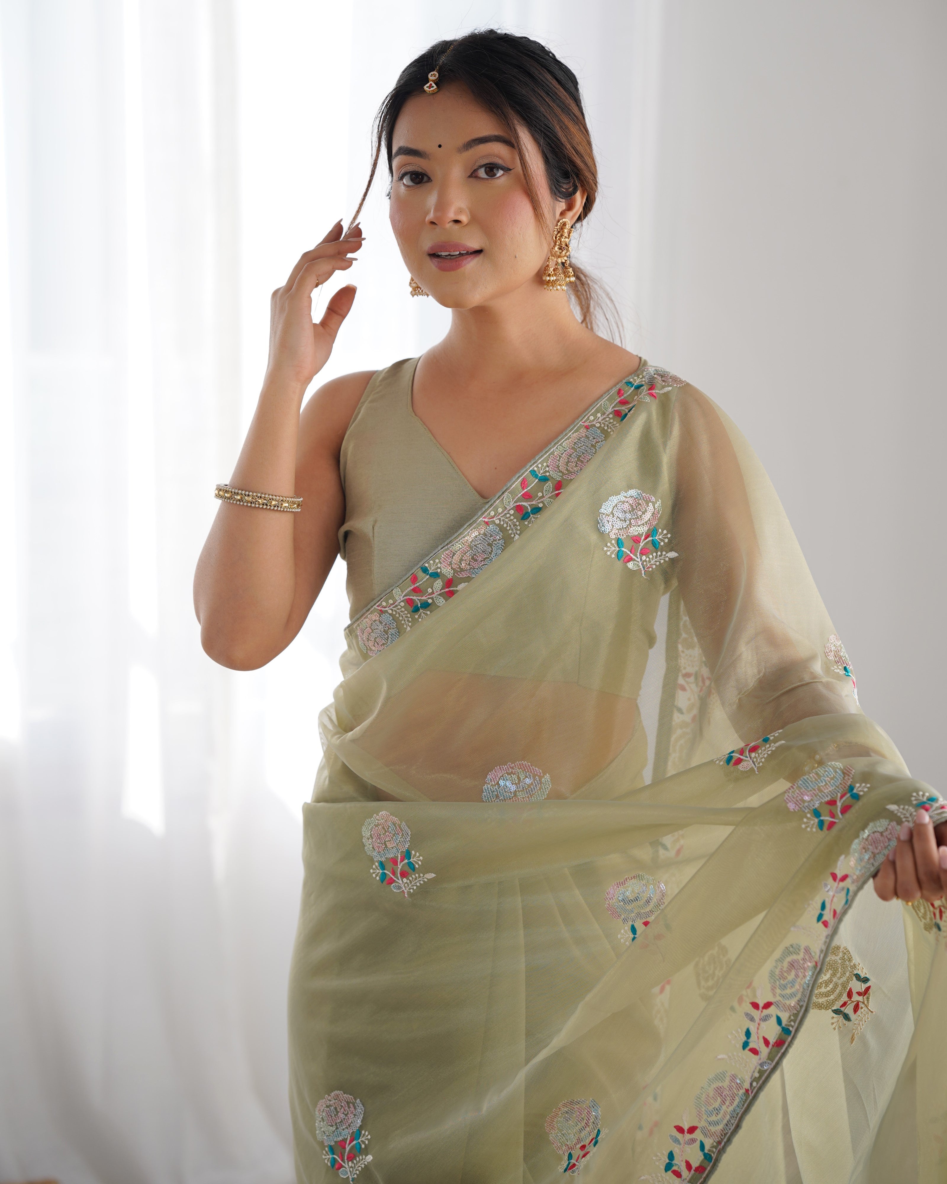 Pista Perfection Gold Twill Net Party Wear Saree | Multi Thread & Sequin Embroidered Couture