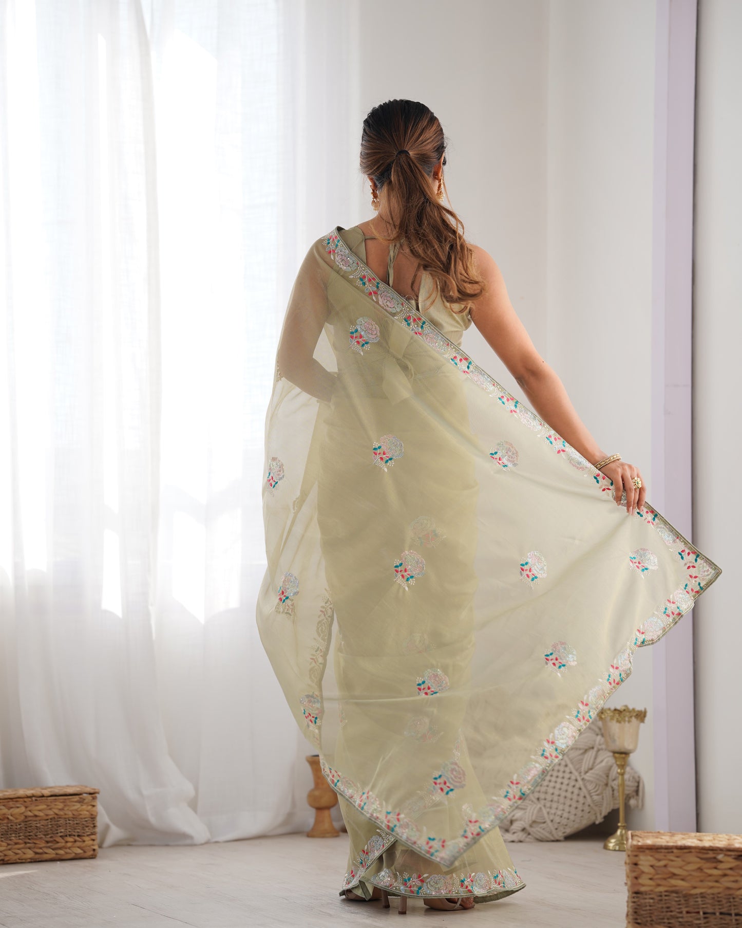 Pista Perfection Gold Twill Net Party Wear Saree | Multi Thread & Sequin Embroidered Couture