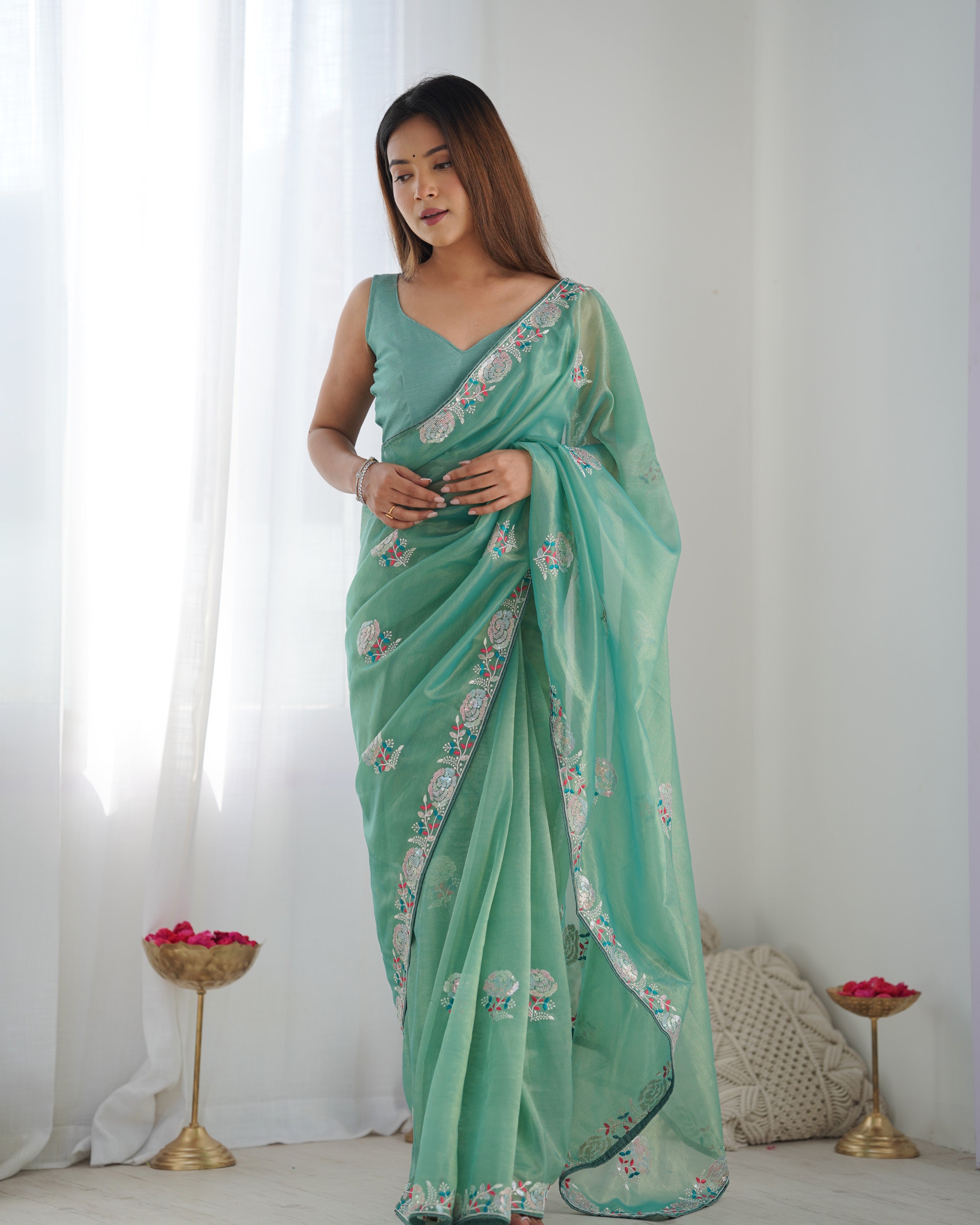 Emerald Sea Gold Twill Net Party Wear Saree | Multi Thread & Sequin Embroidered Couture