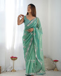 Emerald Sea Gold Twill Net Party Wear Saree | Multi Thread & Sequin Embroidered Couture