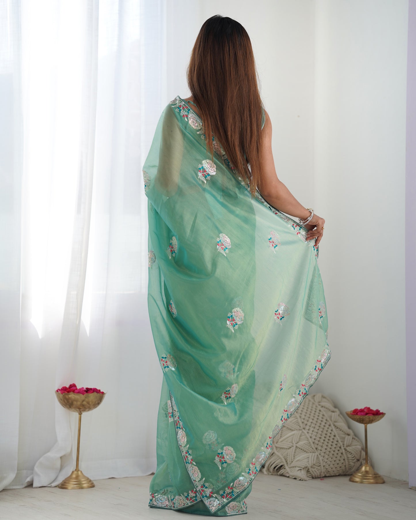Emerald Sea Gold Twill Net Party Wear Saree | Multi Thread & Sequin Embroidered Couture