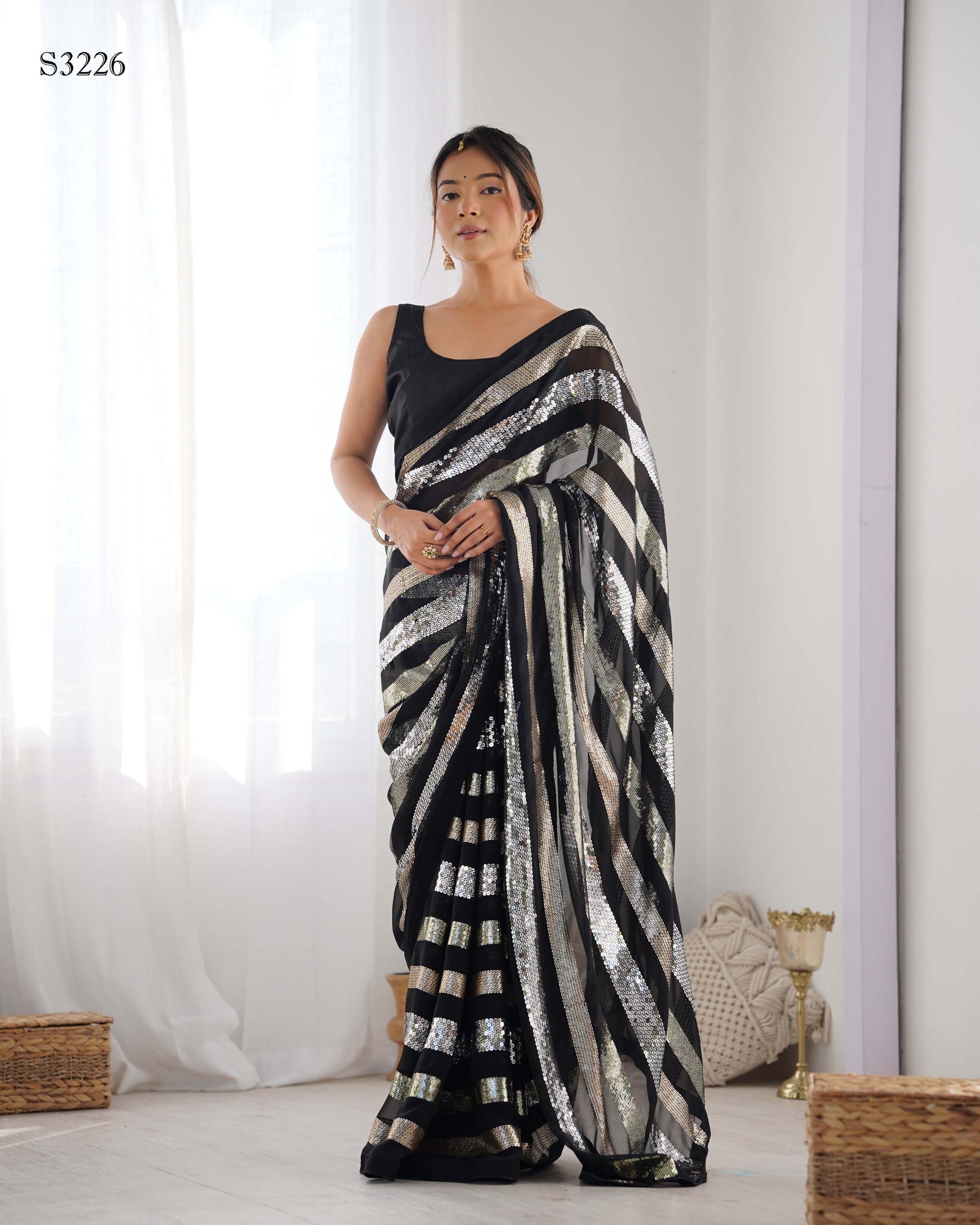Classic Black Georgette Saree | Designer Sequance Embroidery with Mono Banglori Blouse