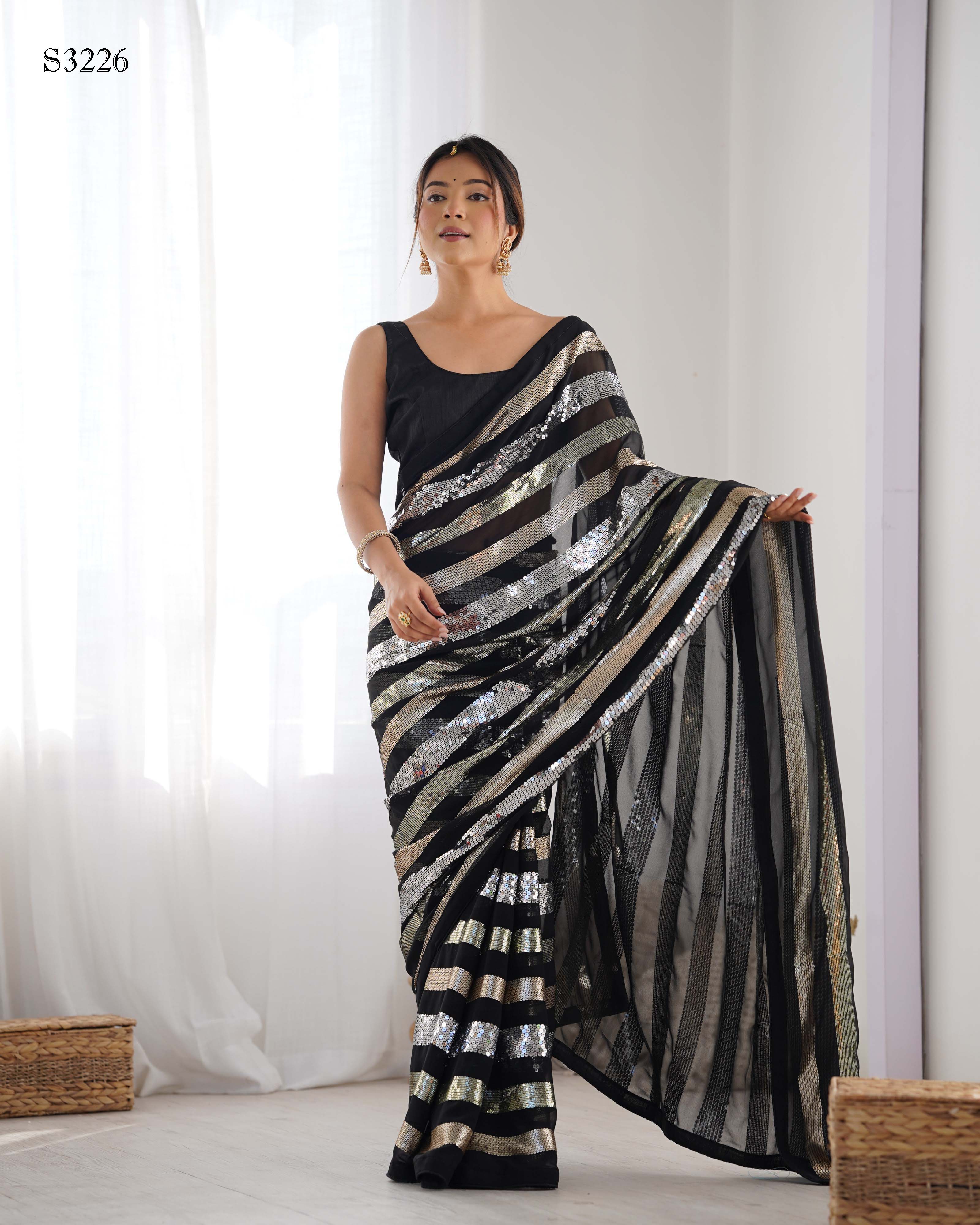 Classic Black Georgette Saree | Designer Sequance Embroidery with Mono Banglori Blouse