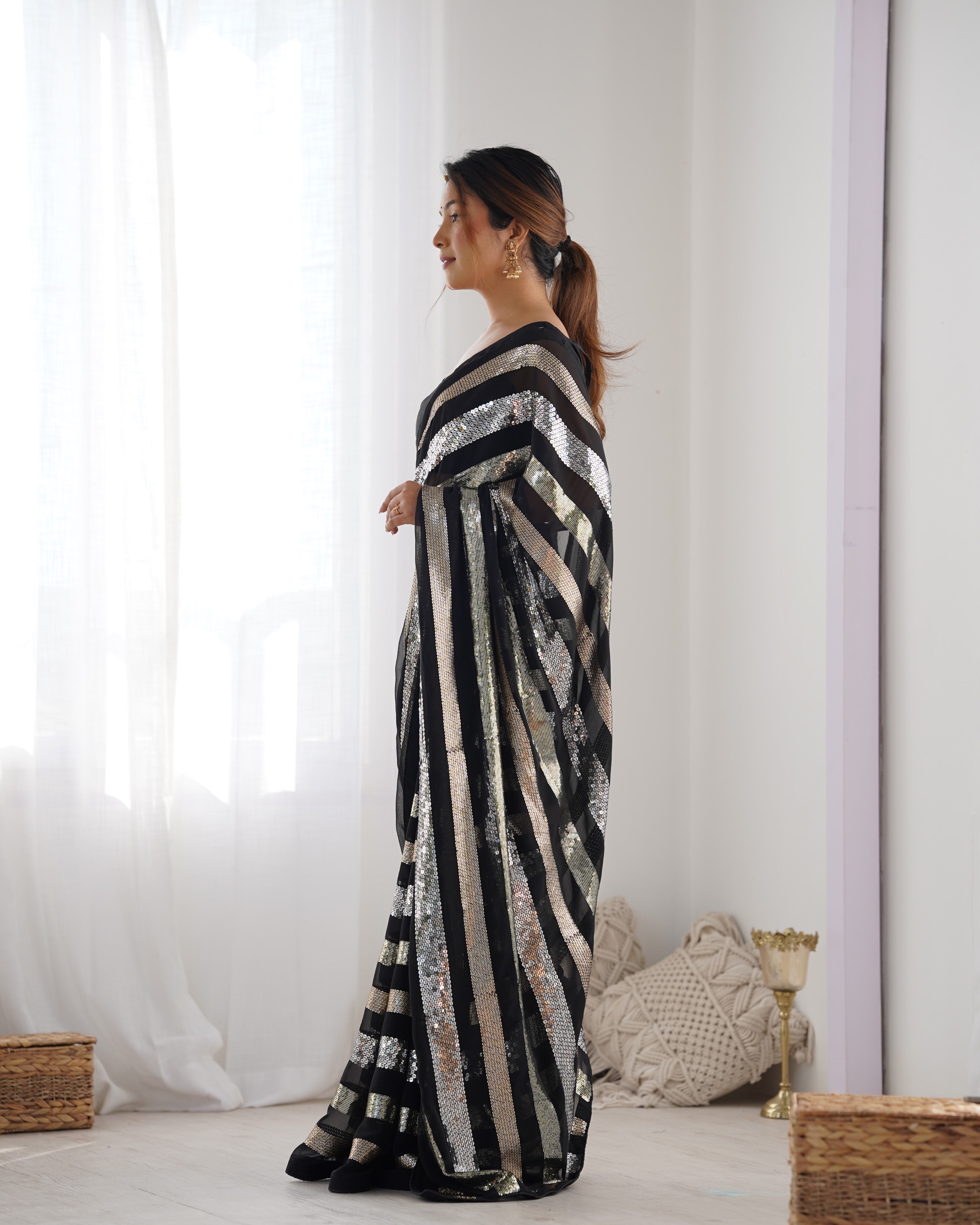 Classic Black Georgette Saree | Designer Sequance Embroidery with Mono Banglori Blouse