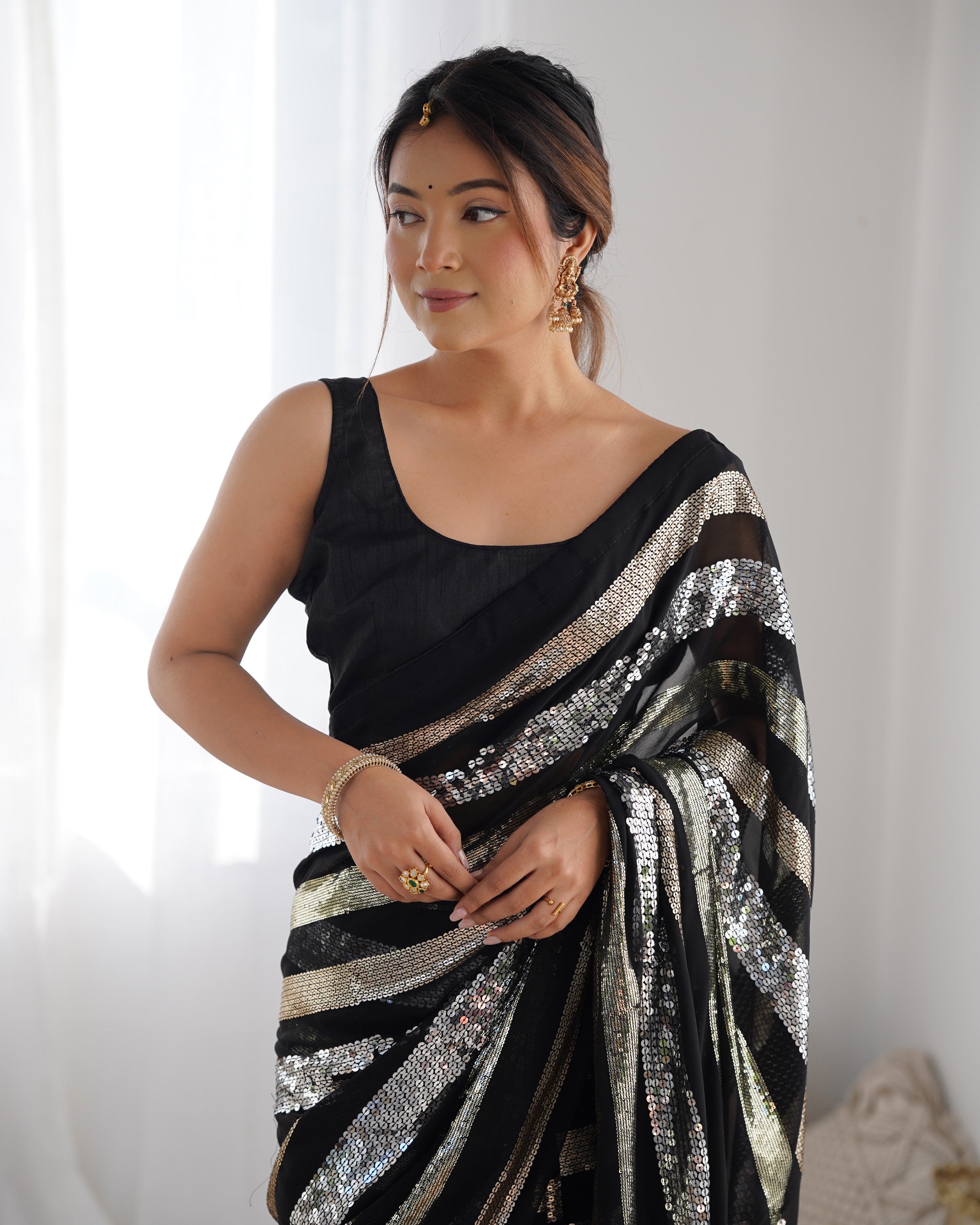Classic Black Georgette Saree | Designer Sequance Embroidery with Mono Banglori Blouse