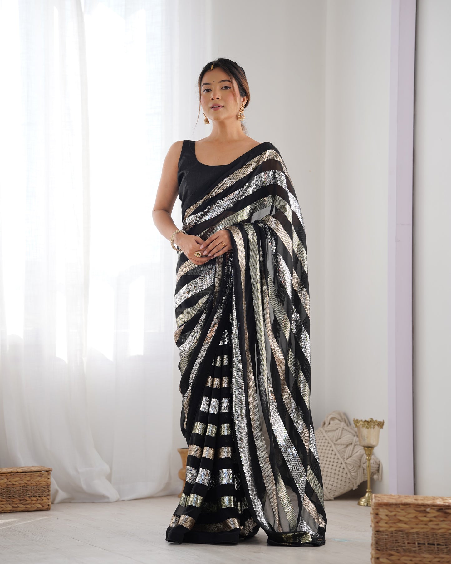 Classic Black Georgette Saree | Designer Sequance Embroidery with Mono Banglori Blouse