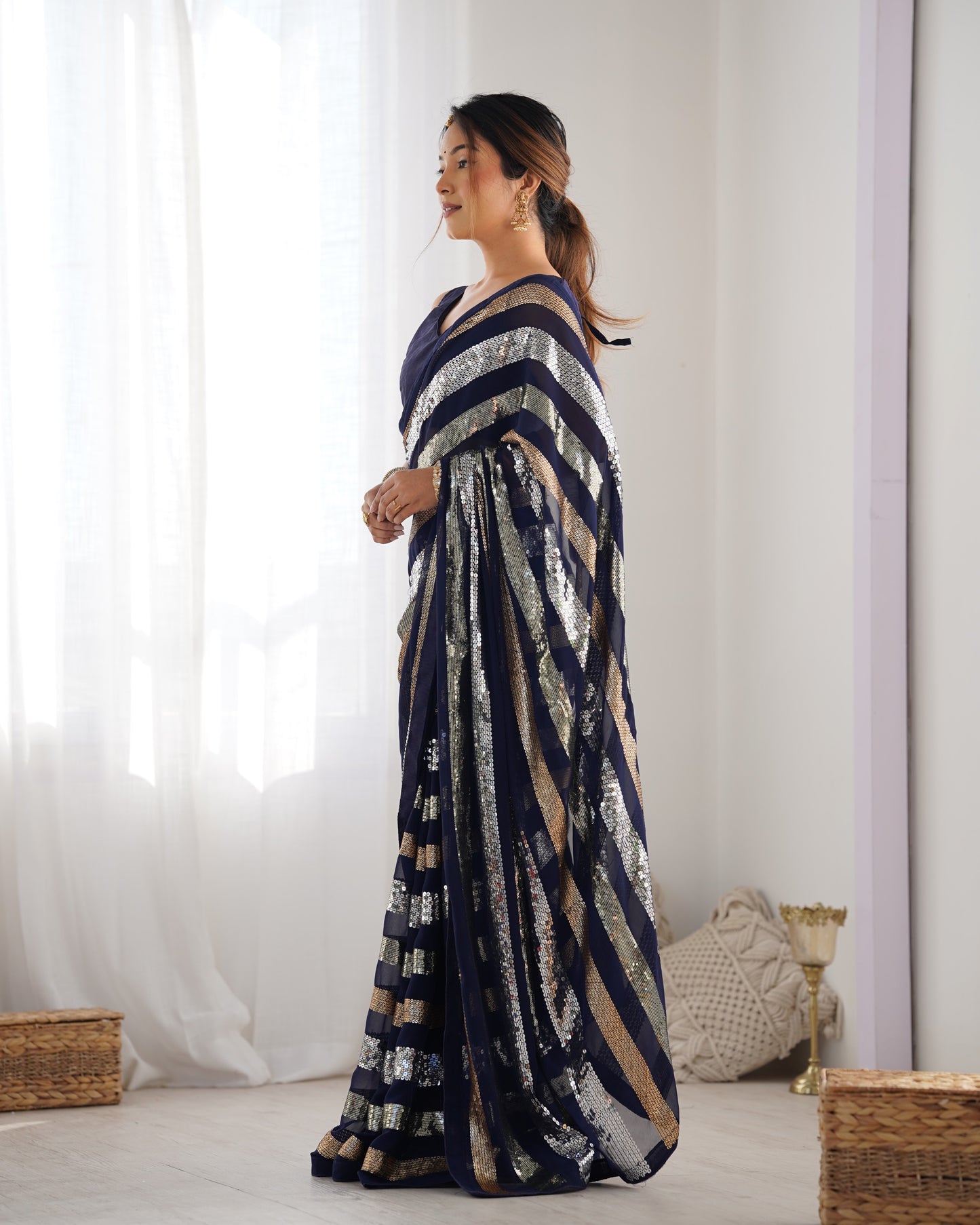Royal Blue Georgette Saree | Designer Sequance Embroidery with Mono Banglori Blouse