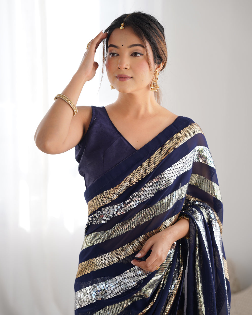 Royal Blue Georgette Saree | Designer Sequance Embroidery with Mono Banglori Blouse