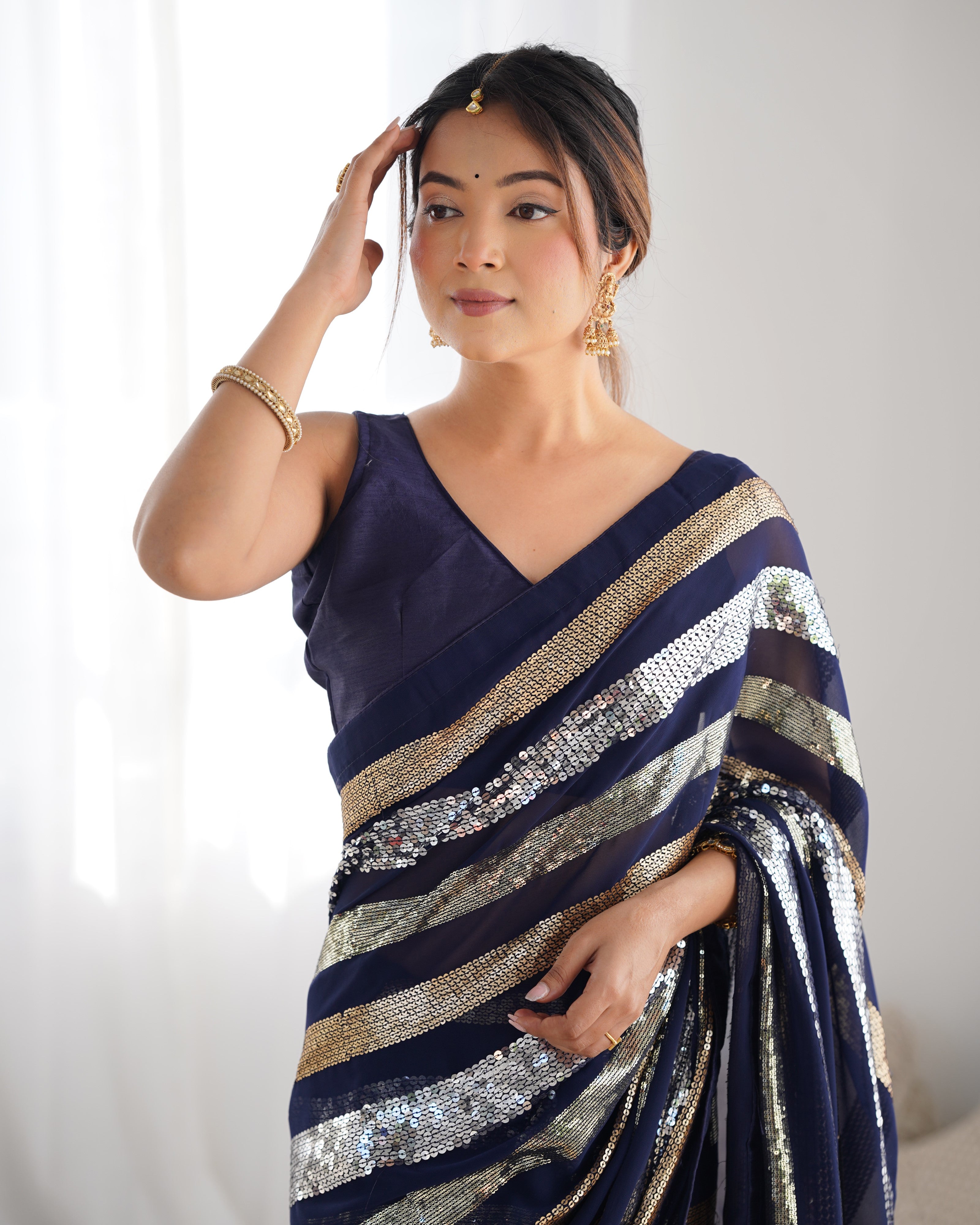 Royal Blue Georgette Saree | Designer Sequance Embroidery with Mono Banglori Blouse