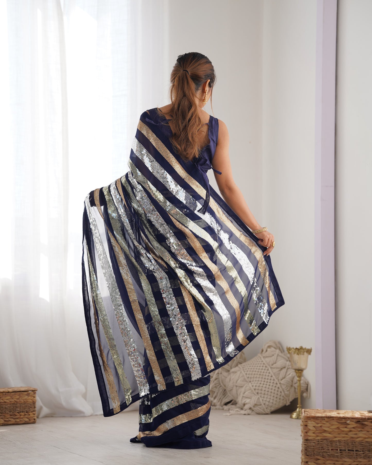 Royal Blue Georgette Saree | Designer Sequance Embroidery with Mono Banglori Blouse