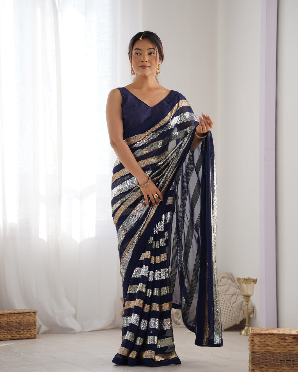 Royal Blue Georgette Saree | Designer Sequance Embroidery with Mono Banglori Blouse