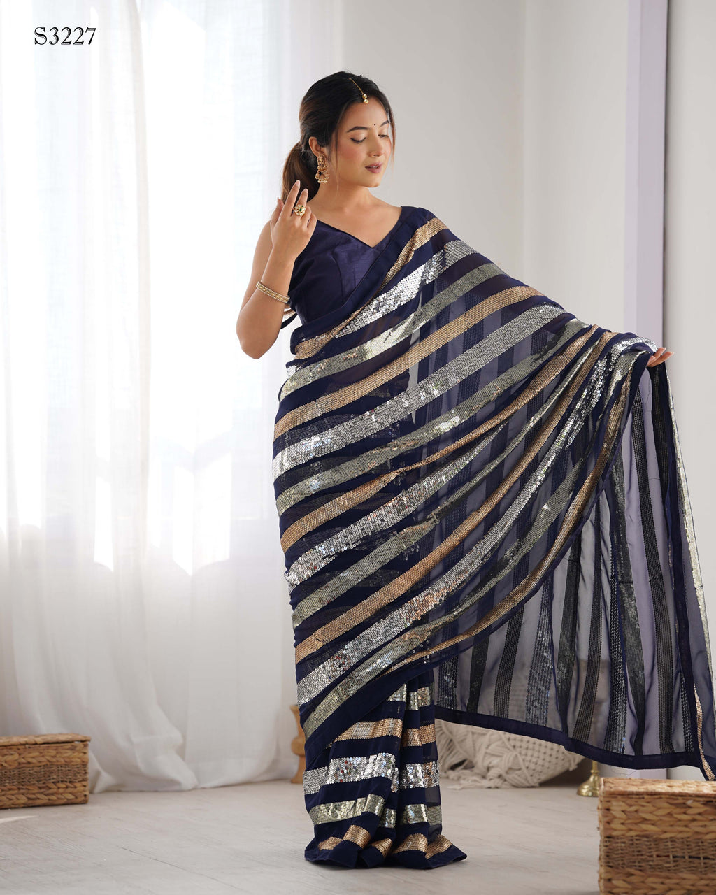 Royal Blue Georgette Saree | Designer Sequance Embroidery with Mono Banglori Blouse