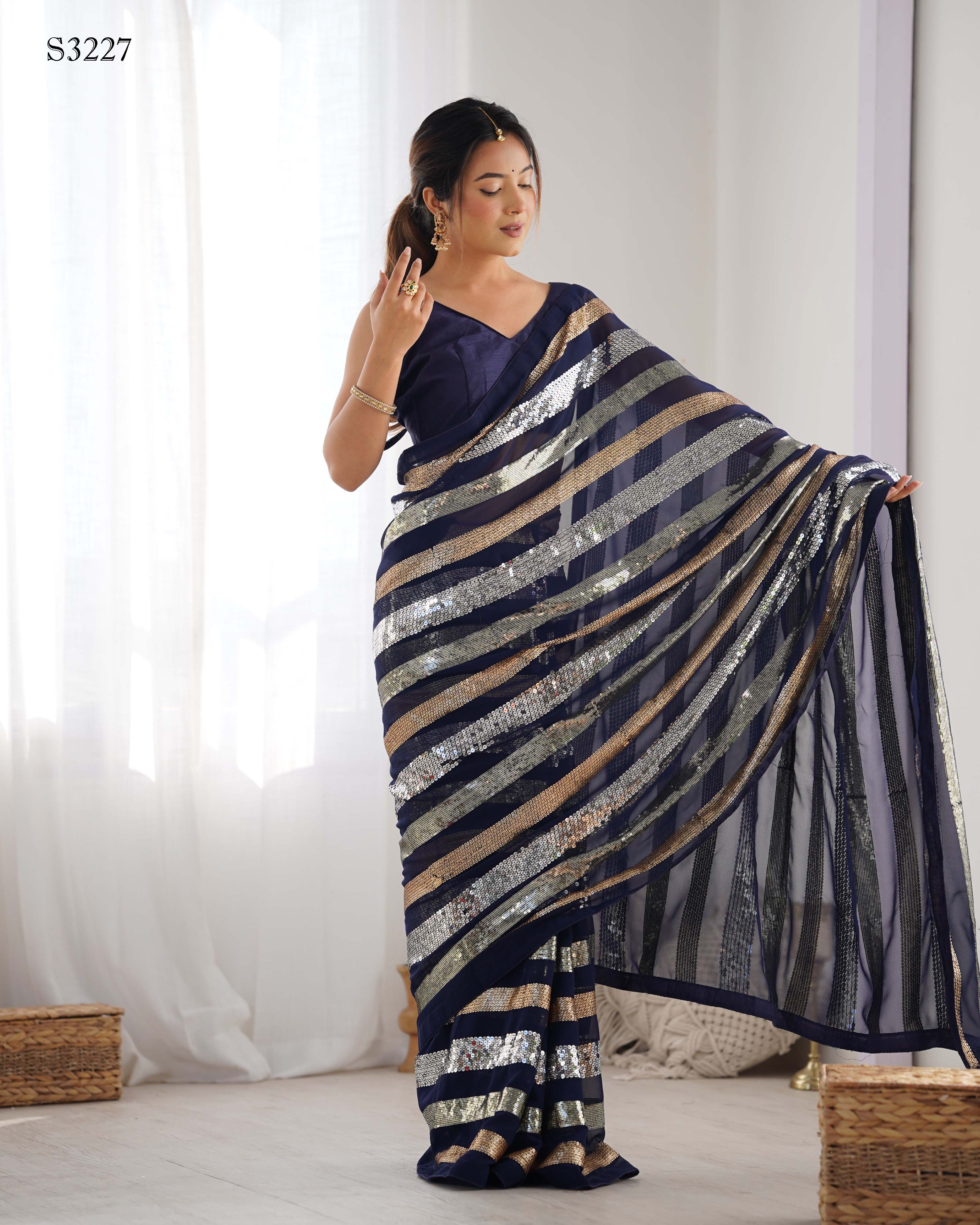 Royal Blue Georgette Saree | Designer Sequance Embroidery with Mono Banglori Blouse