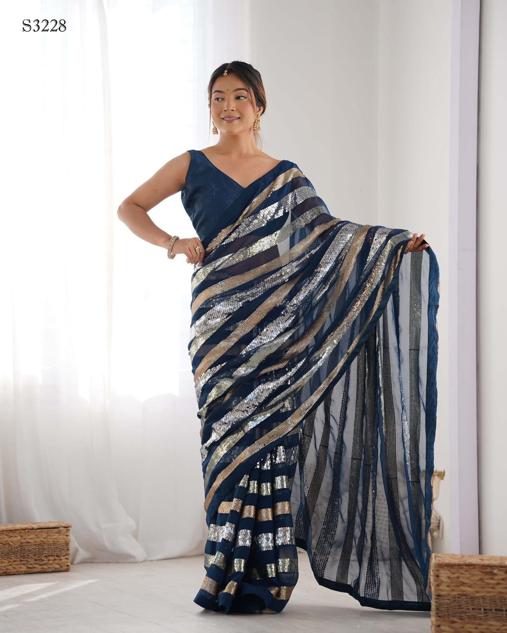 Enigmatic Petrol Georgette Saree | Designer Sequance Embroidery with Mono Banglori Blouse