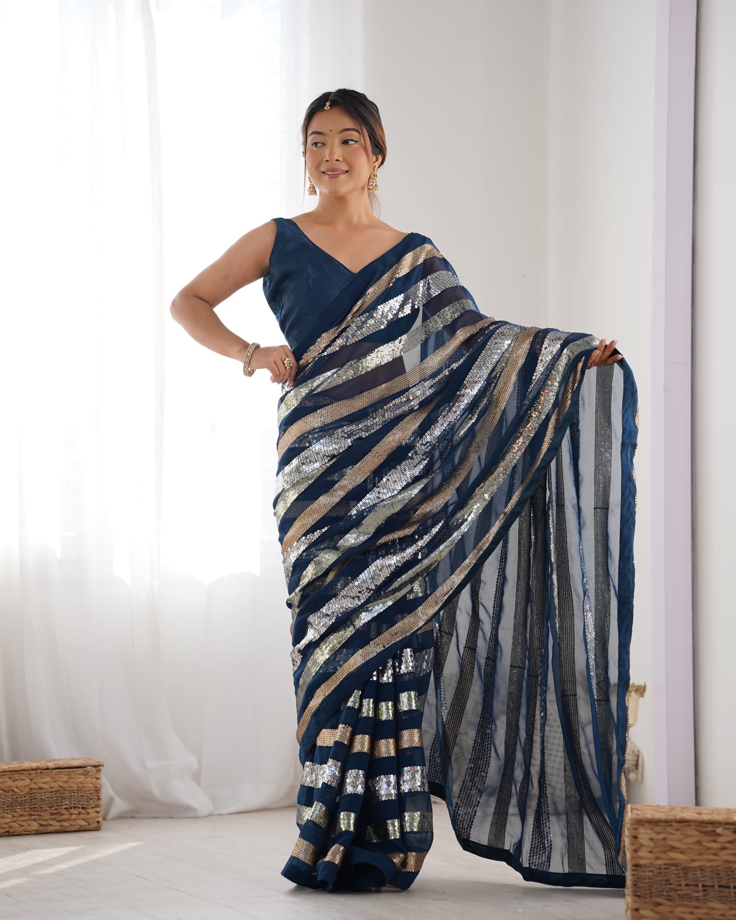 Enigmatic Petrol Georgette Saree | Designer Sequance Embroidery with Mono Banglori Blouse
