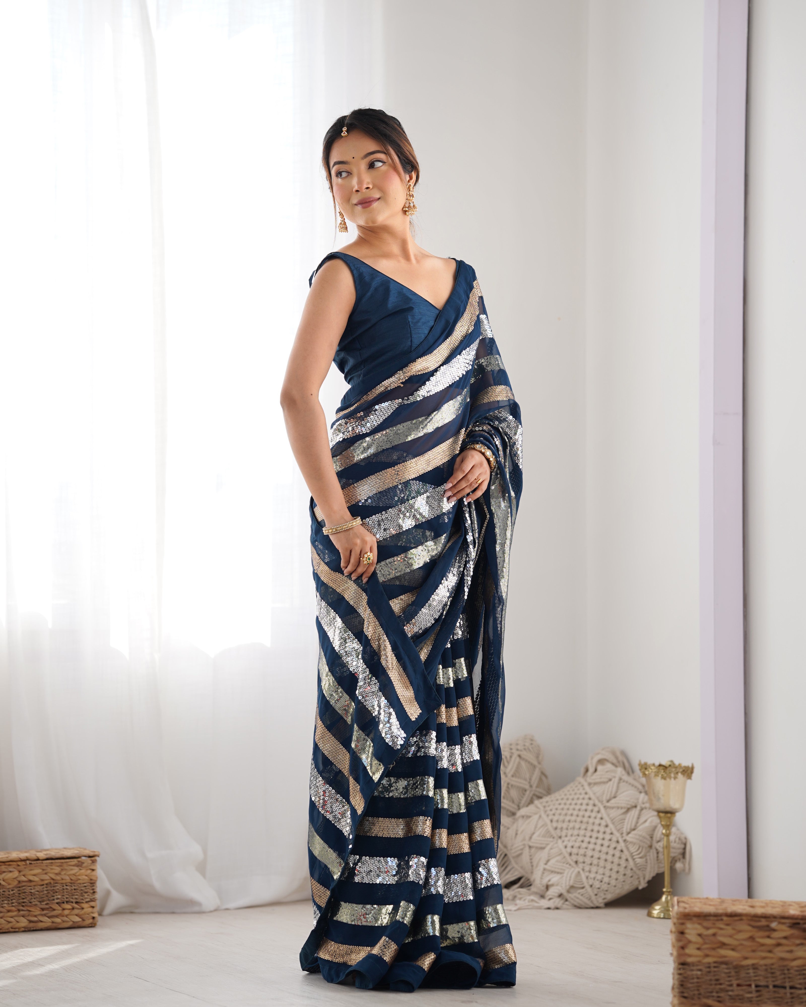 Enigmatic Petrol Georgette Saree | Designer Sequance Embroidery with Mono Banglori Blouse