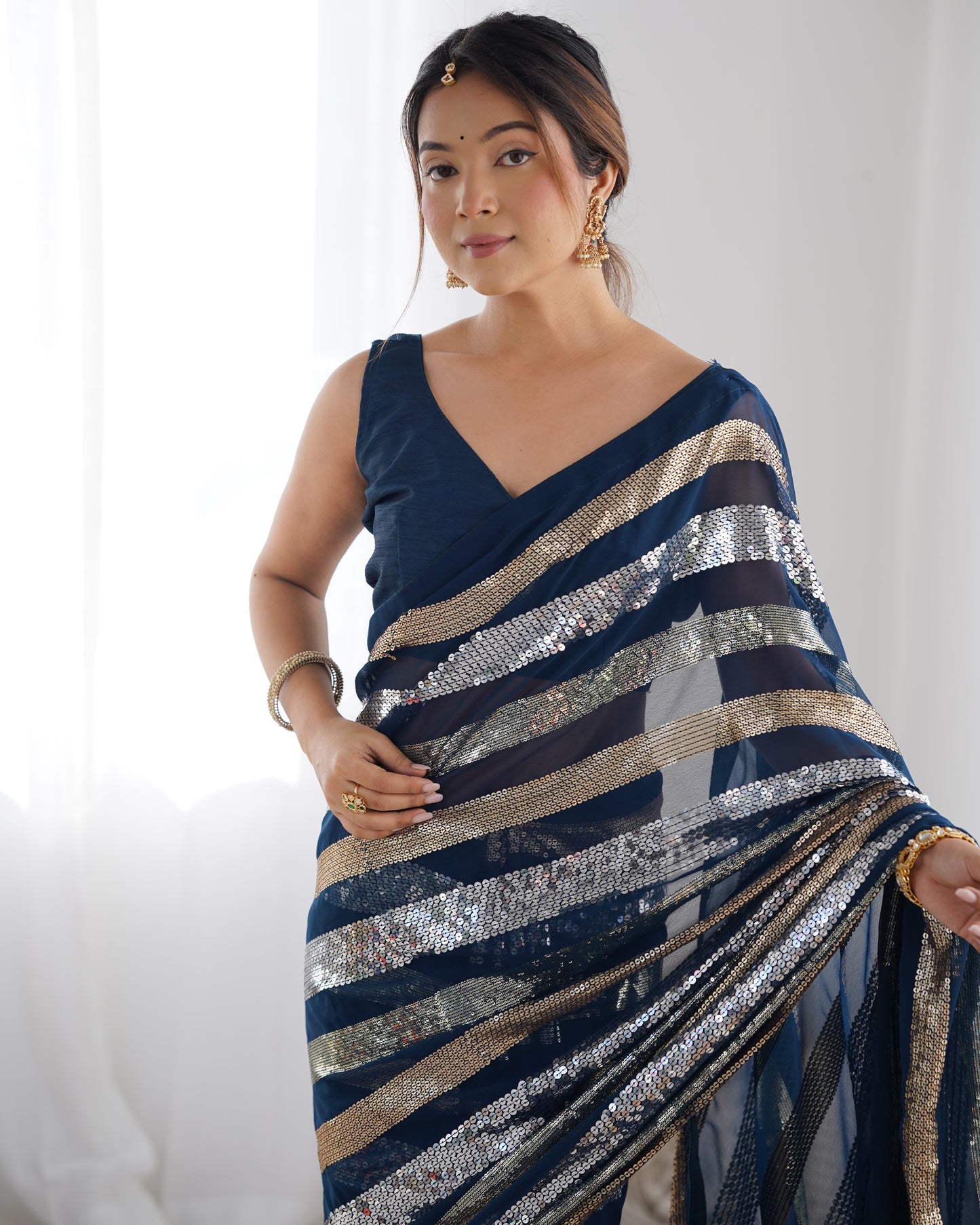 Enigmatic Petrol Georgette Saree | Designer Sequance Embroidery with Mono Banglori Blouse