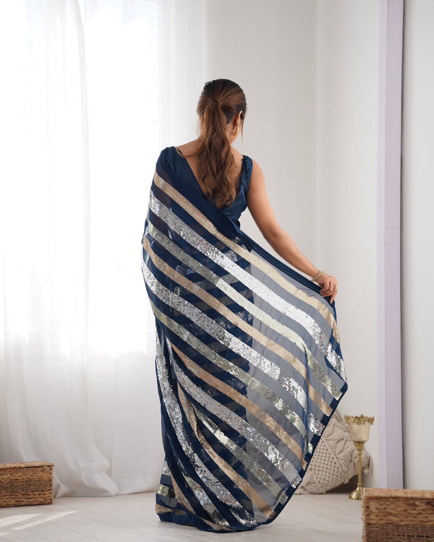Enigmatic Petrol Georgette Saree | Designer Sequance Embroidery with Mono Banglori Blouse