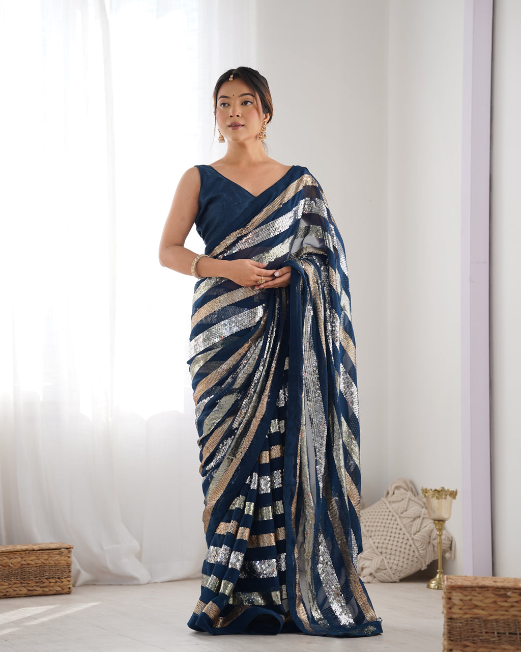 Enigmatic Petrol Georgette Saree | Designer Sequance Embroidery with Mono Banglori Blouse