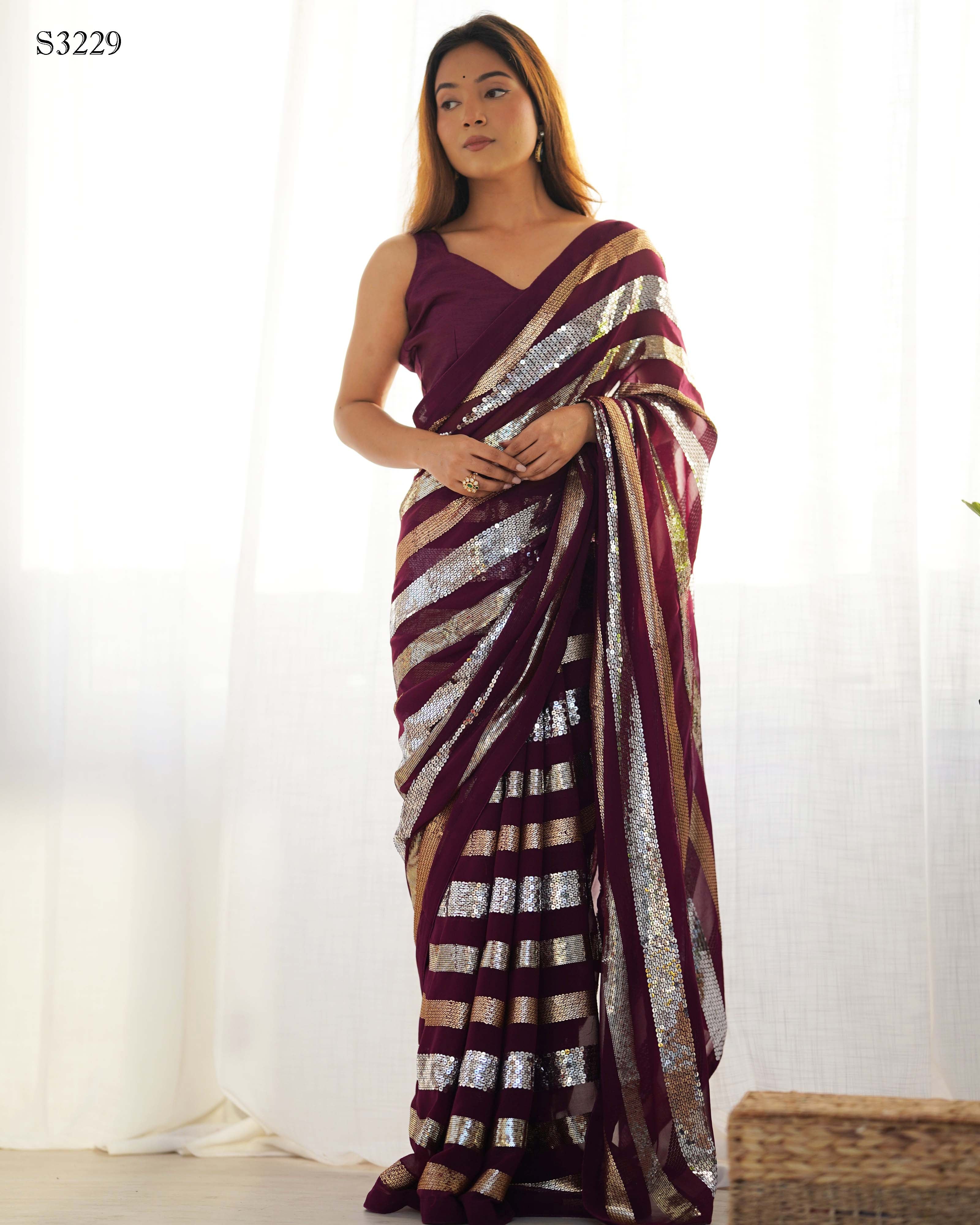 Regal Wine Georgette Saree | Designer Sequance Embroidery with Mono Banglori Blouse