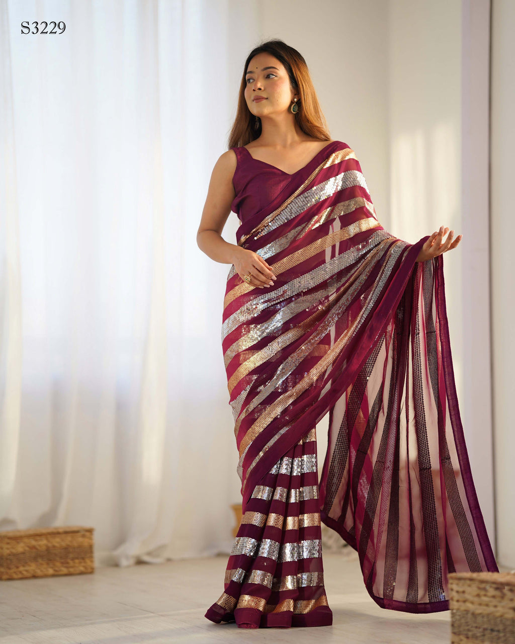 Regal Wine Georgette Saree | Designer Sequance Embroidery with Mono Banglori Blouse