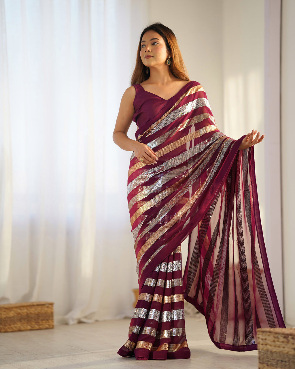 Regal Wine Georgette Saree | Designer Sequance Embroidery with Mono Banglori Blouse