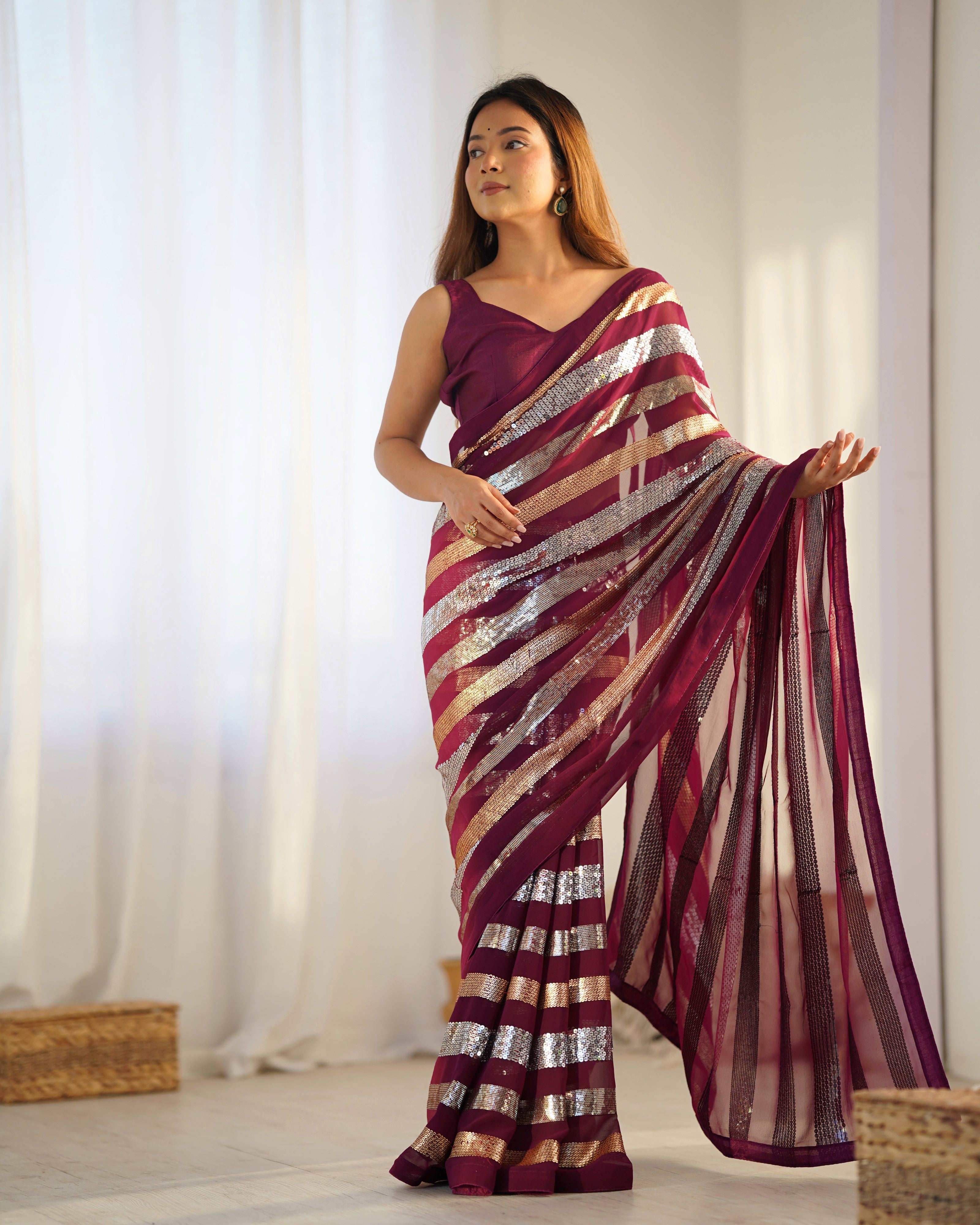 Regal Wine Georgette Saree | Designer Sequance Embroidery with Mono Banglori Blouse